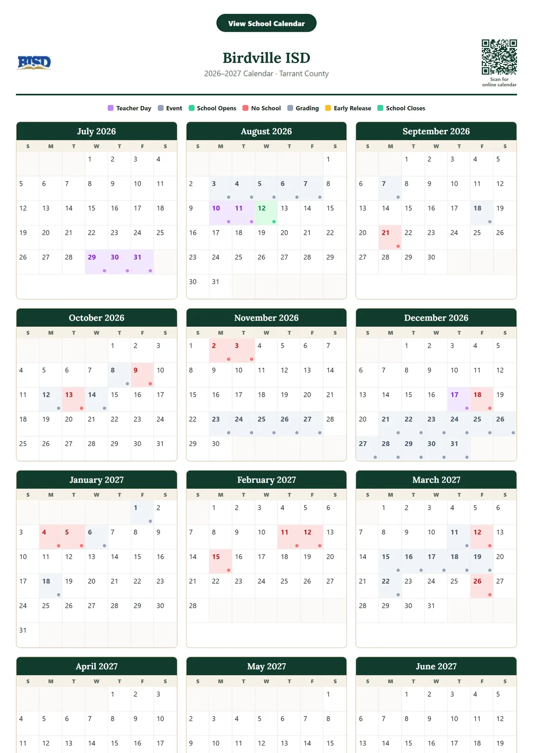 Birdville ISD printable 2026–2027 calendar