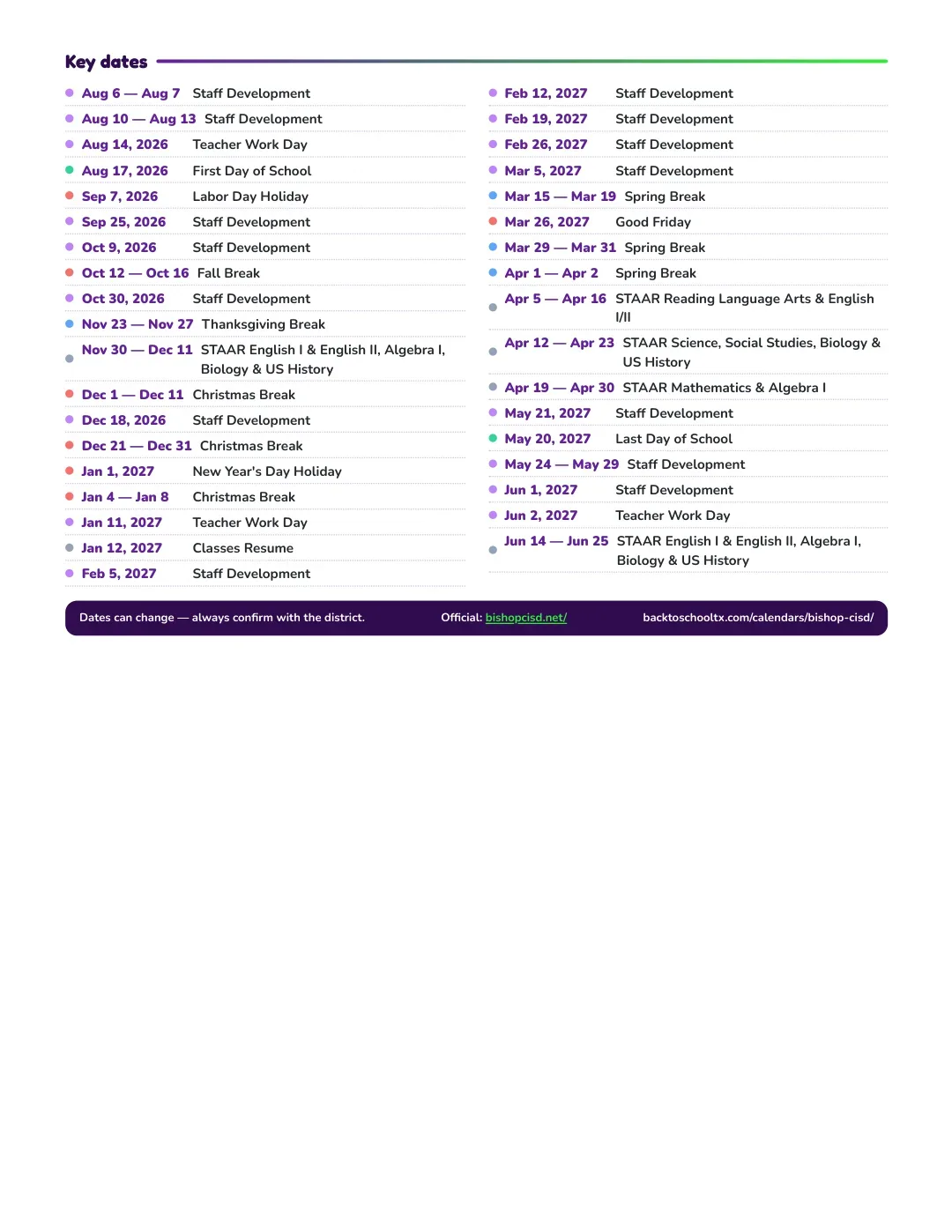 Bishop CISD Calendar for the Year 26-27 — key dates