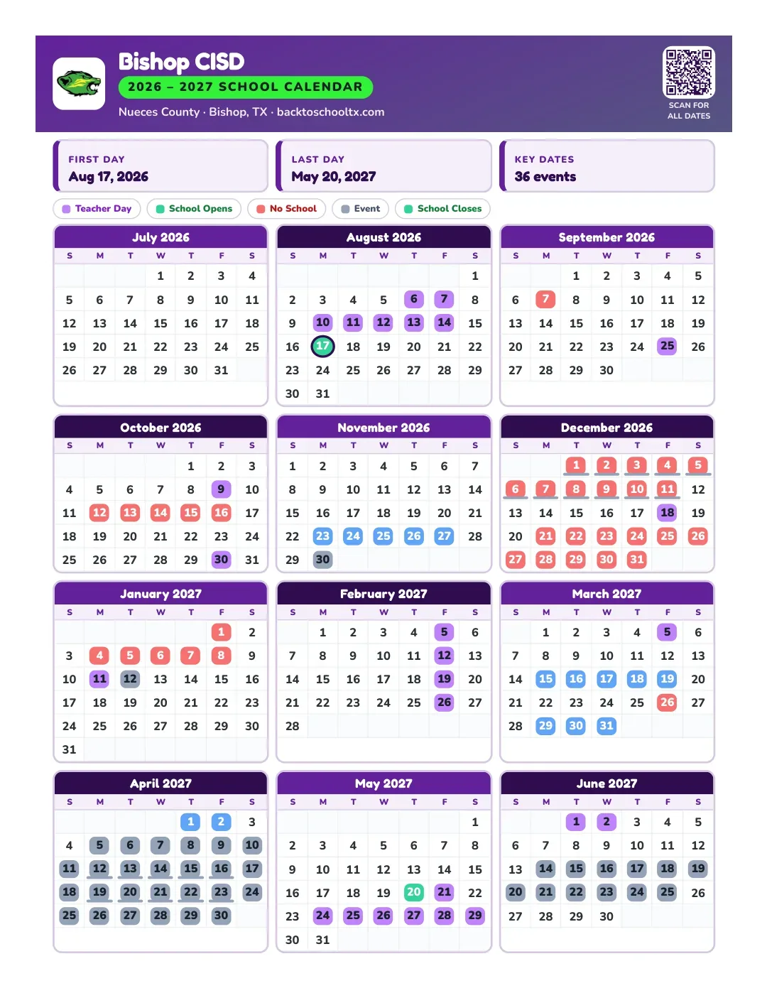 Bishop CISD Calendar for the Year 26-27
