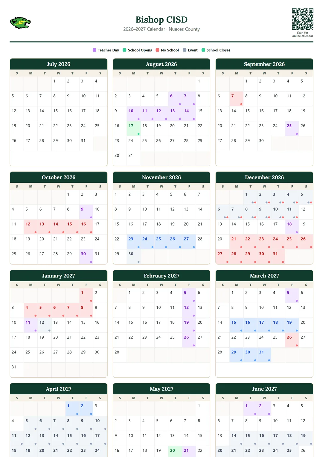 Bishop CISD printable 2026–2027 calendar