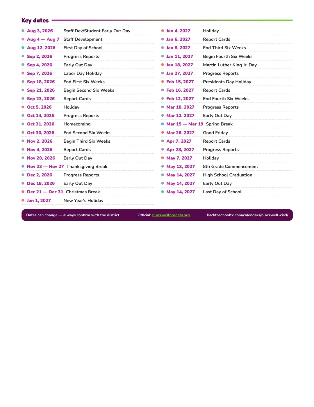 Blackwell CISD Calendar for the Year 26-27 — key dates