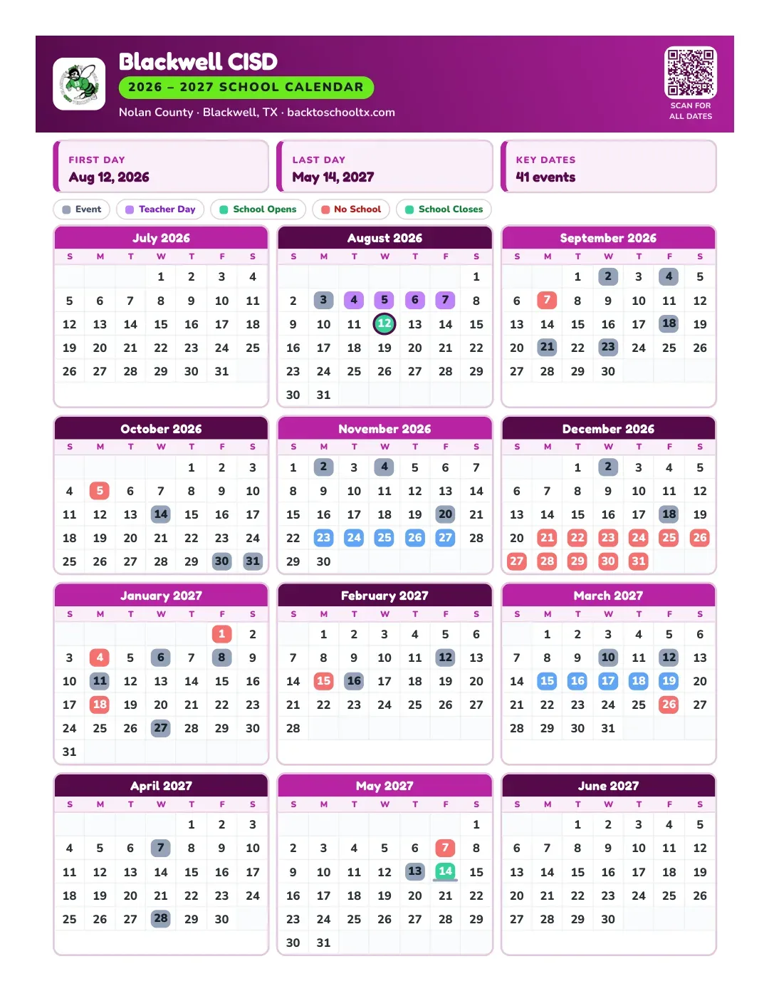 Blackwell CISD Calendar for the Year 26-27