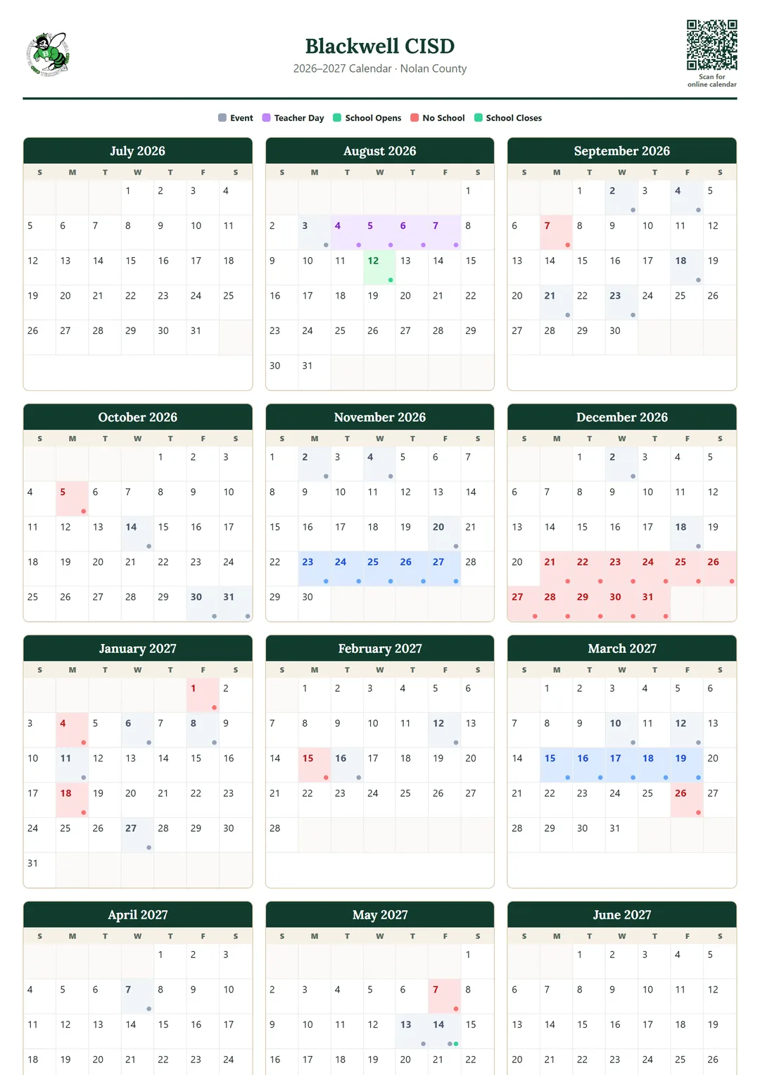 Blackwell CISD printable 2026–2027 calendar