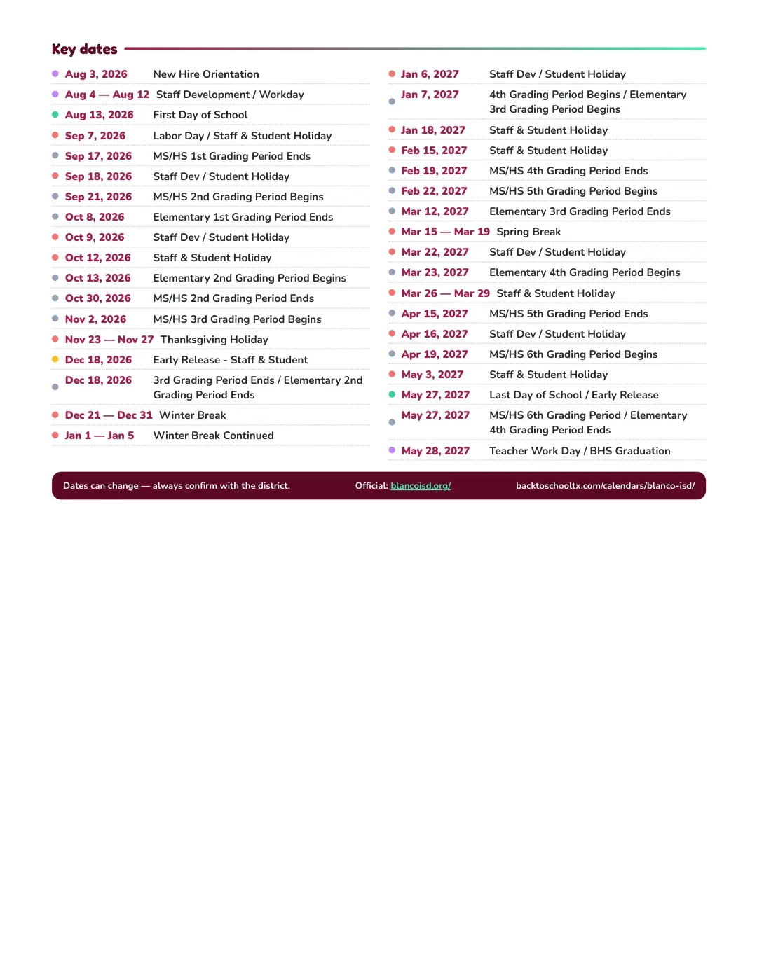 Blanco ISD Calendar for the Year 26-27 — key dates