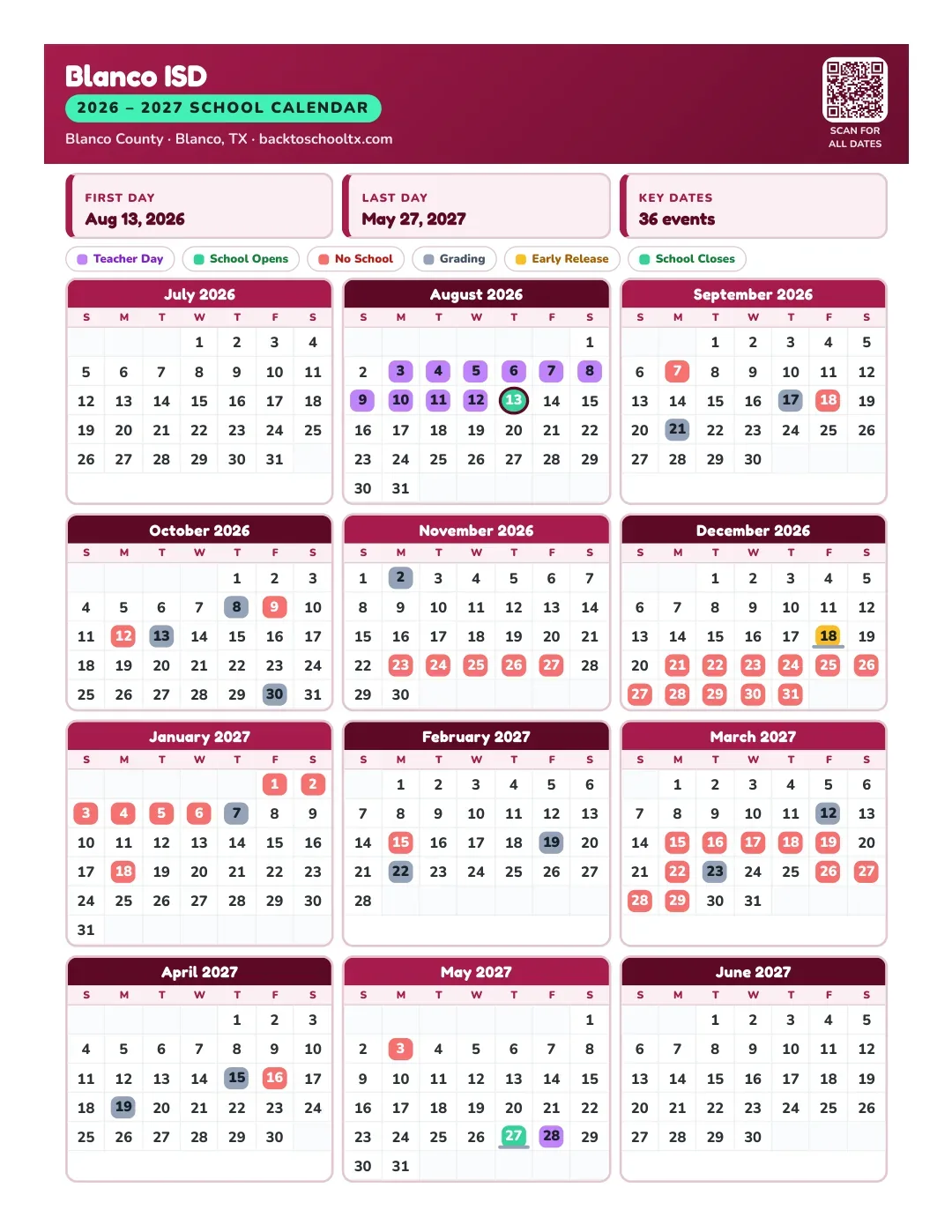 Blanco ISD Calendar for the Year 26-27