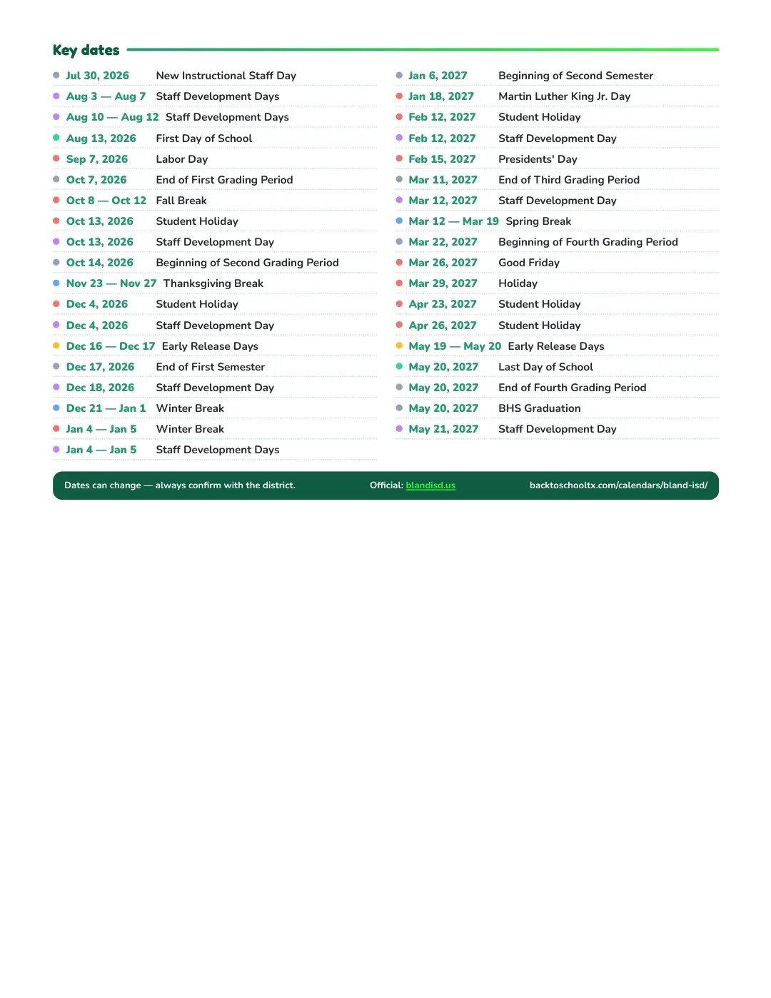 Bland ISD Calendar for the Year 26-27 — key dates