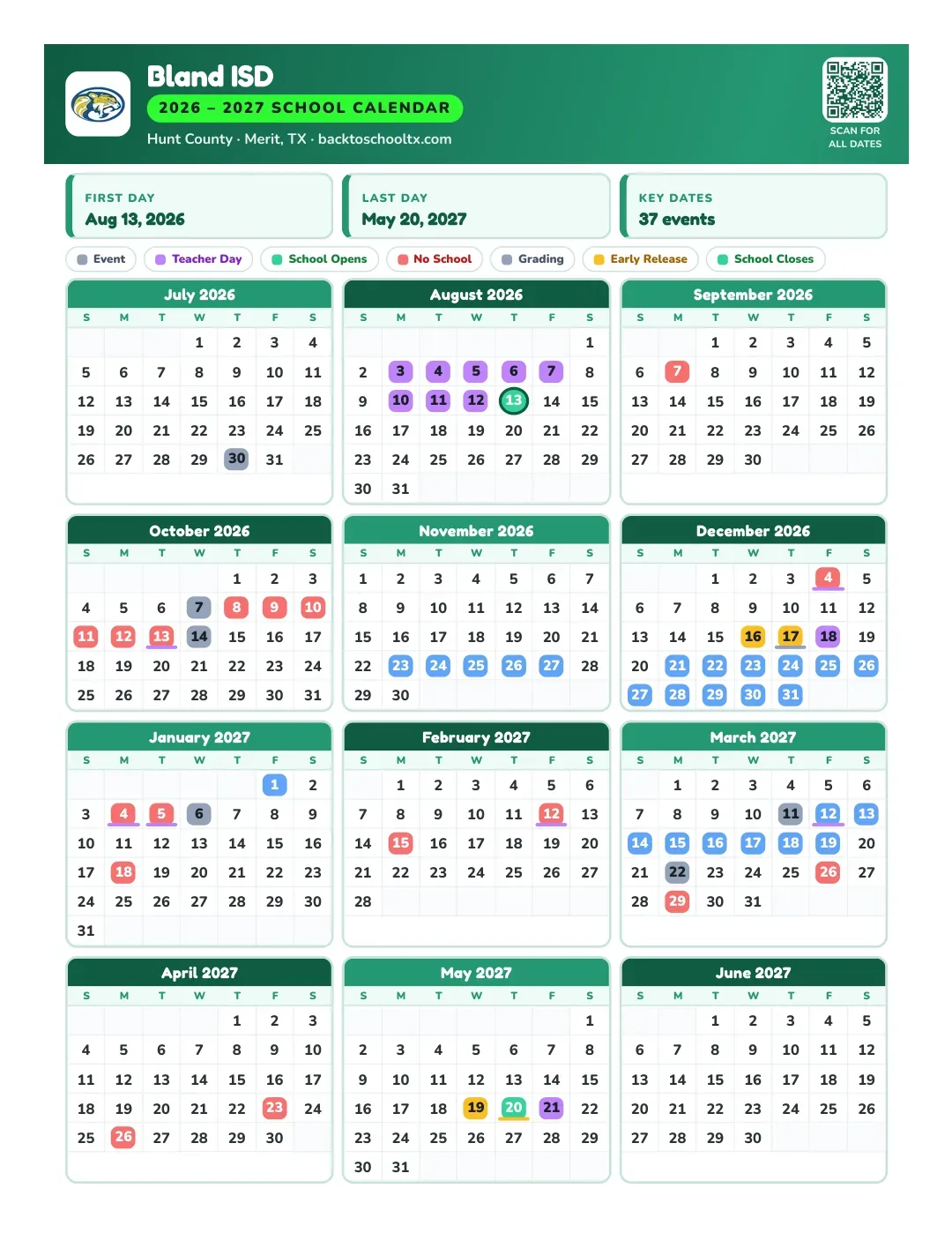 Bland ISD Calendar for the Year 26-27