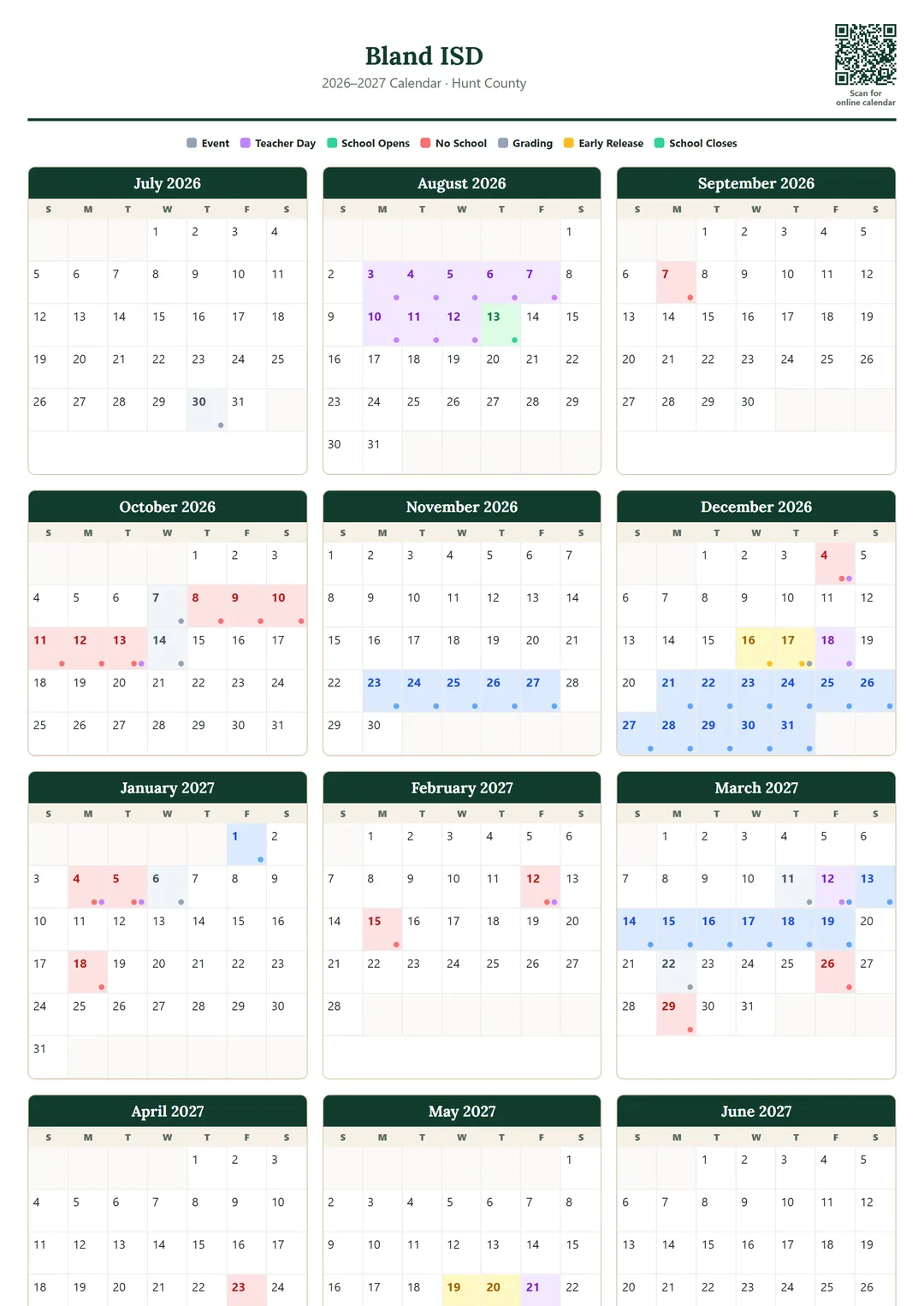 Bland ISD printable 2026–2027 calendar