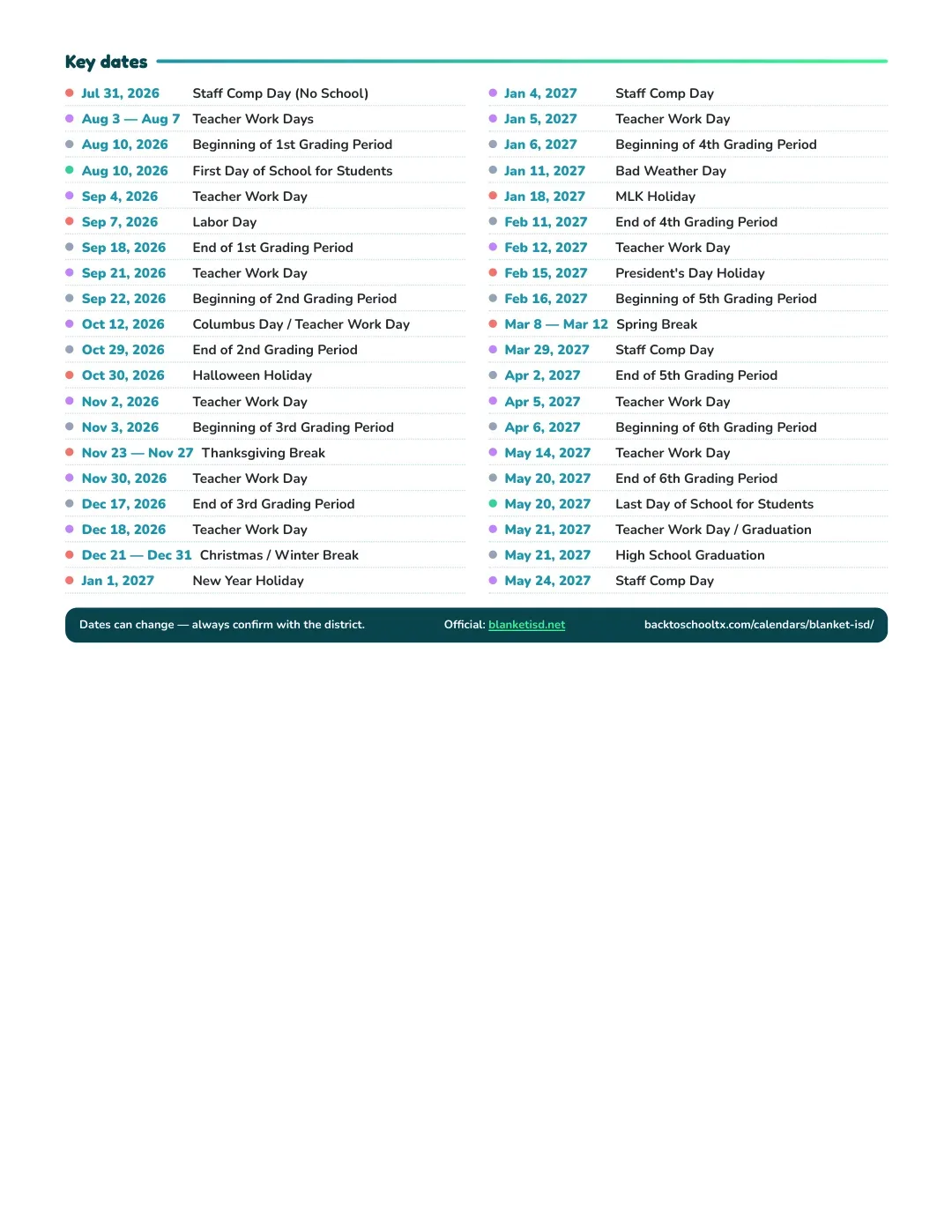 Blanket ISD Calendar for the Year 26-27 — key dates