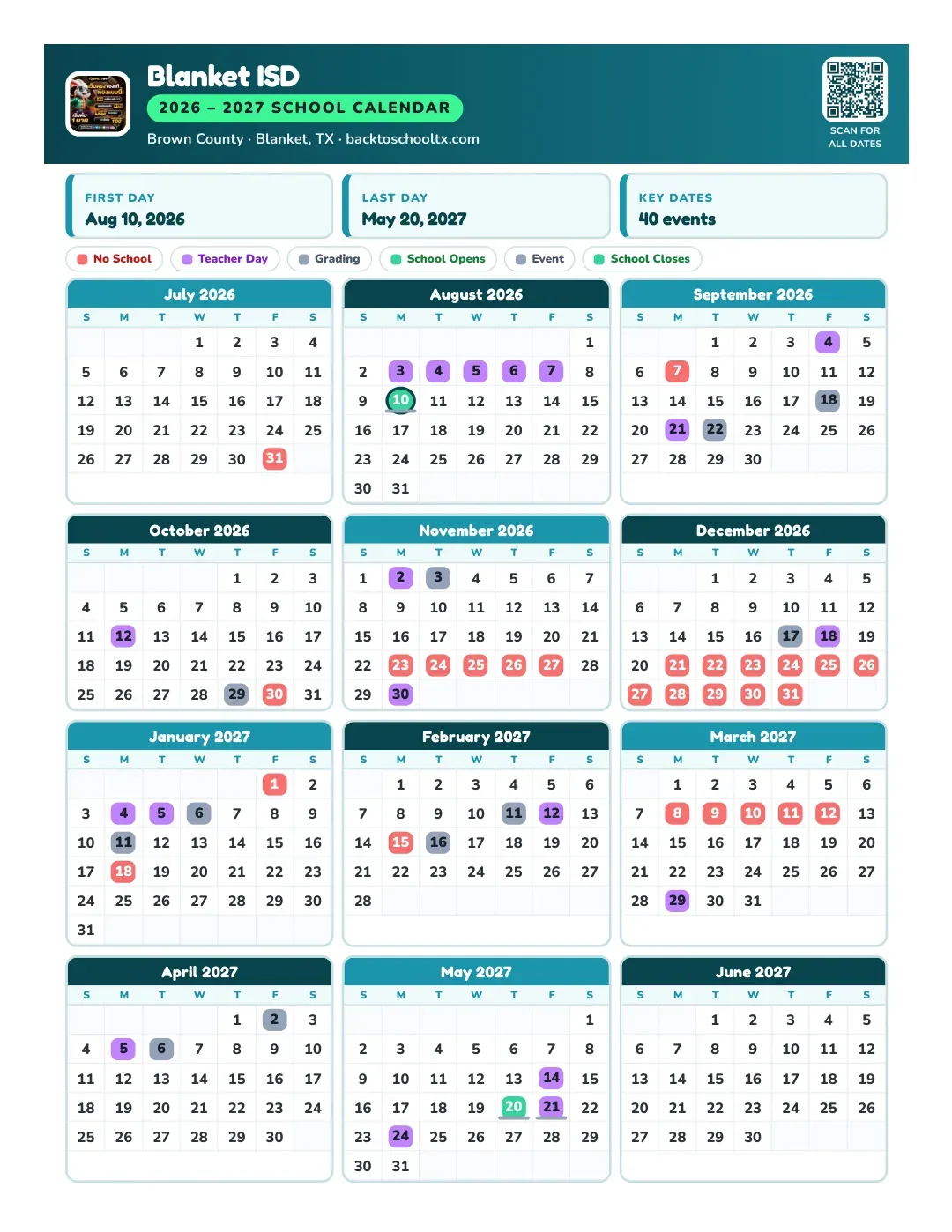 Blanket ISD Calendar for the Year 26-27