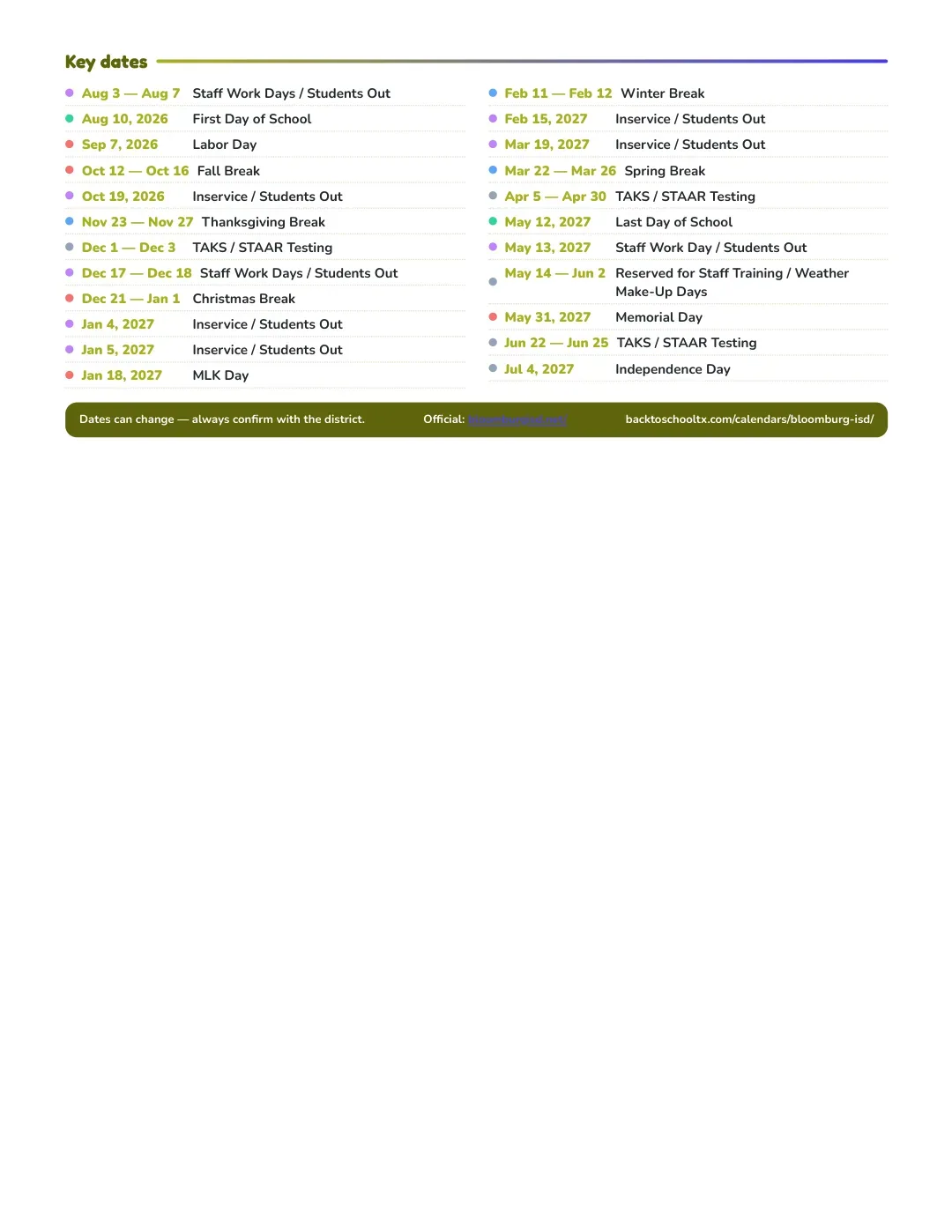 Bloomburg ISD Calendar for the Year 26-27 — key dates