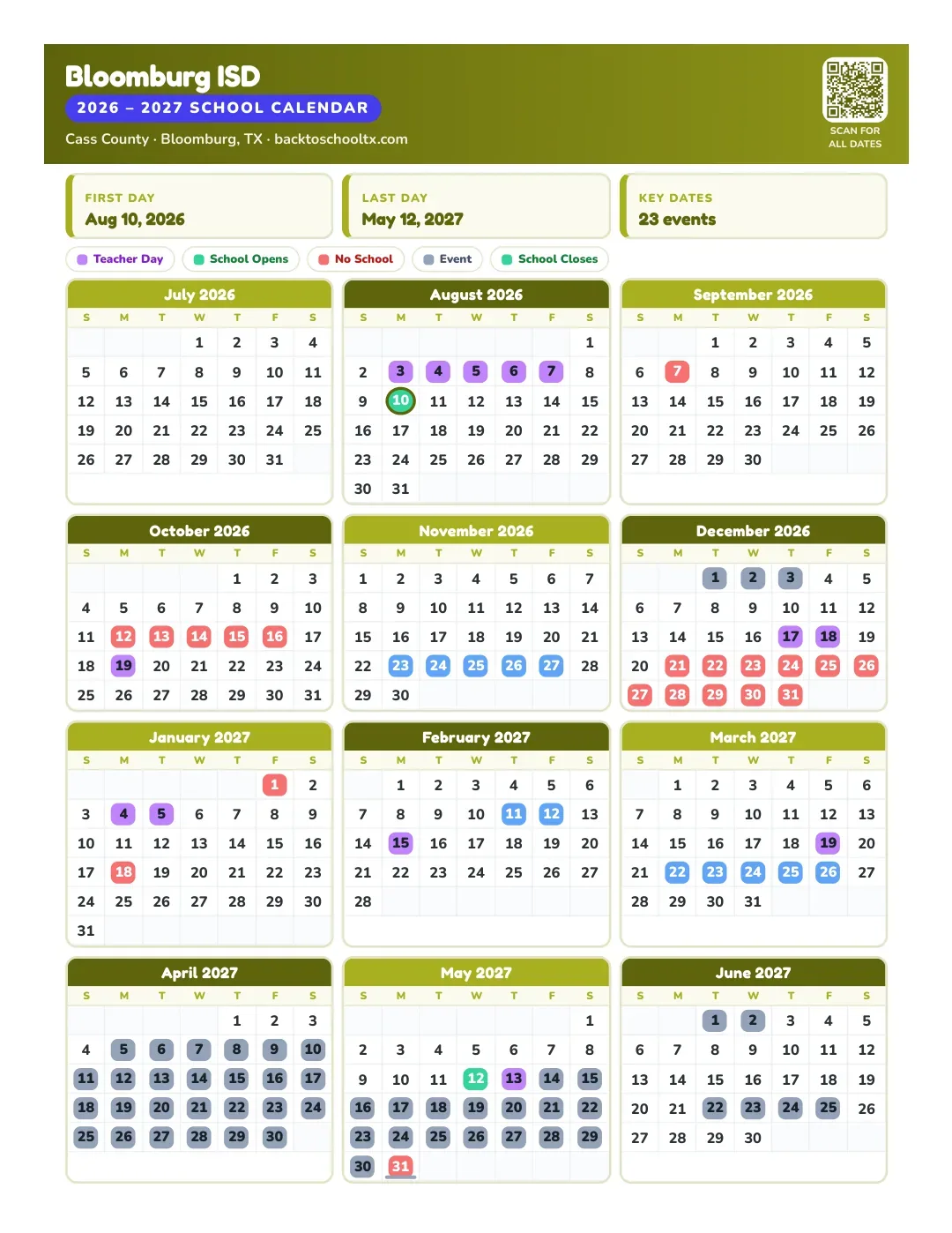 Bloomburg ISD Calendar for the Year 26-27