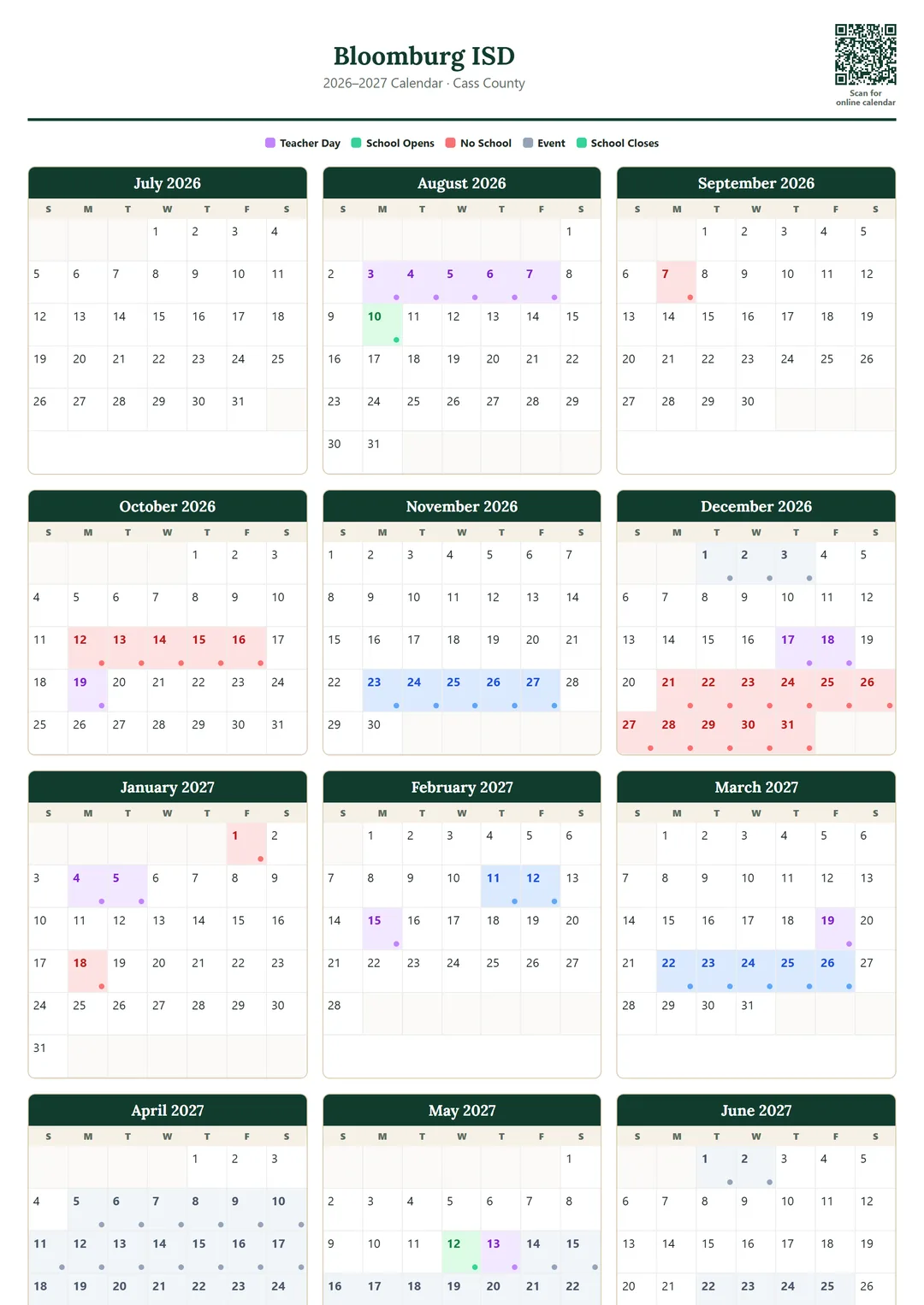 Bloomburg ISD printable 2026–2027 calendar