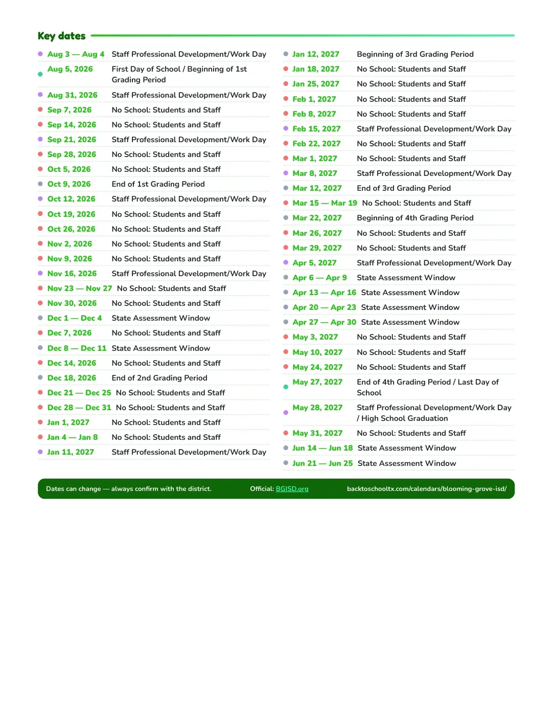 Blooming Grove ISD Calendar for the Year 26-27 — key dates