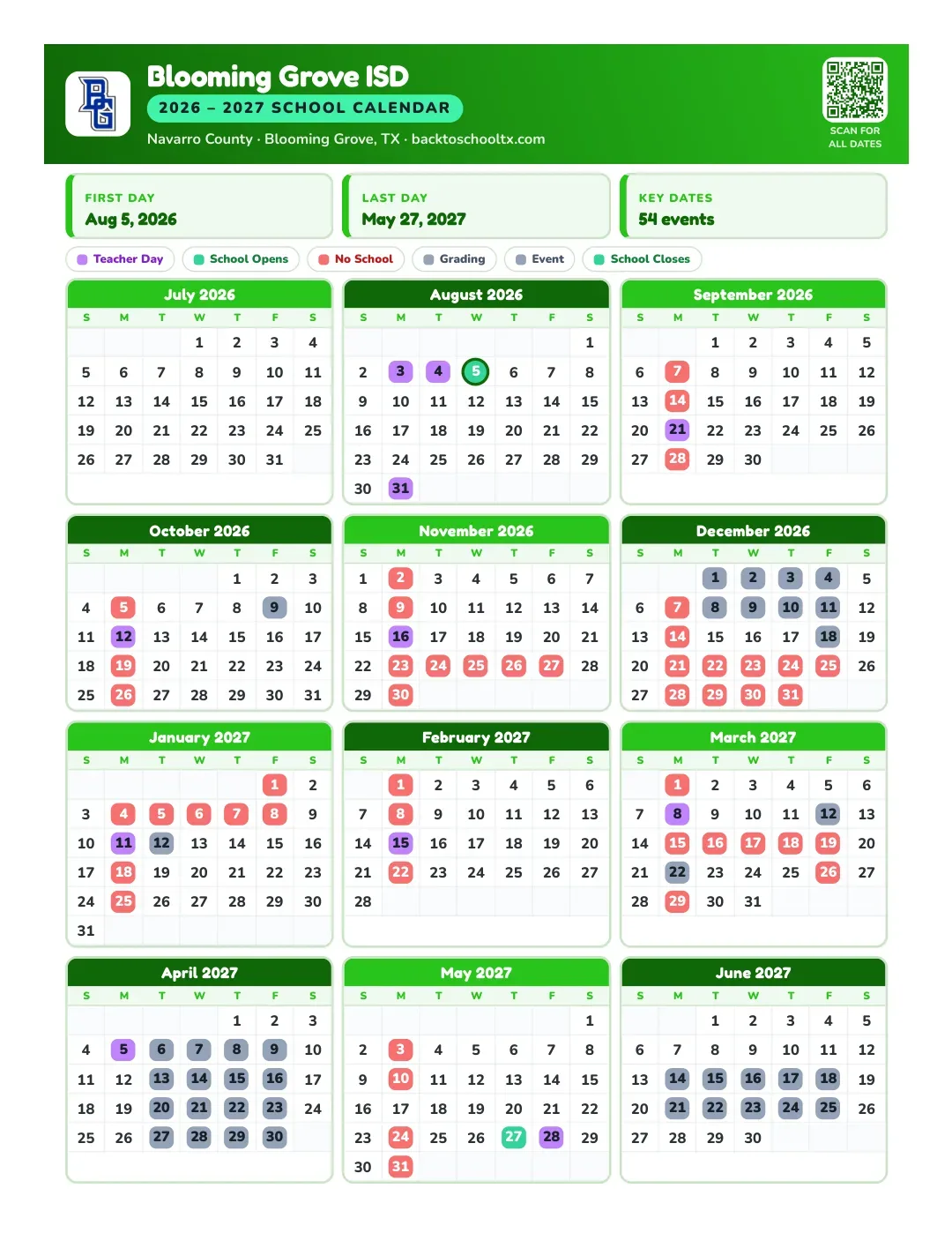 Blooming Grove ISD Calendar for the Year 26-27
