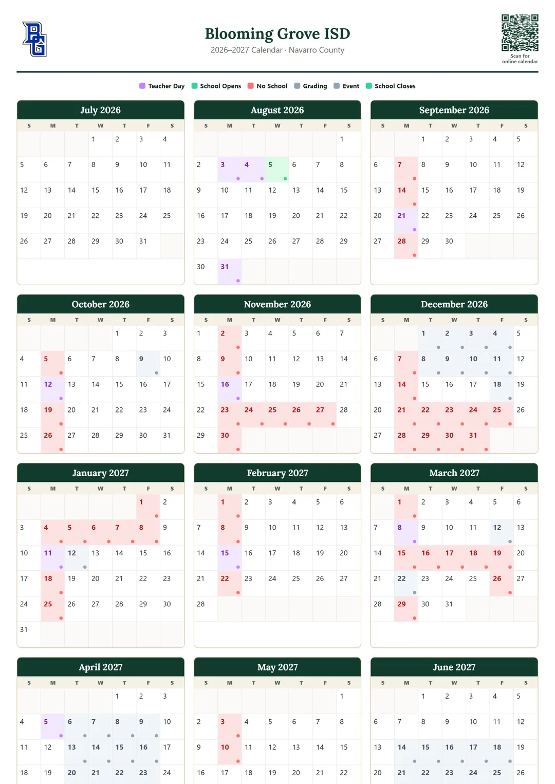Blooming Grove ISD printable 2026–2027 calendar
