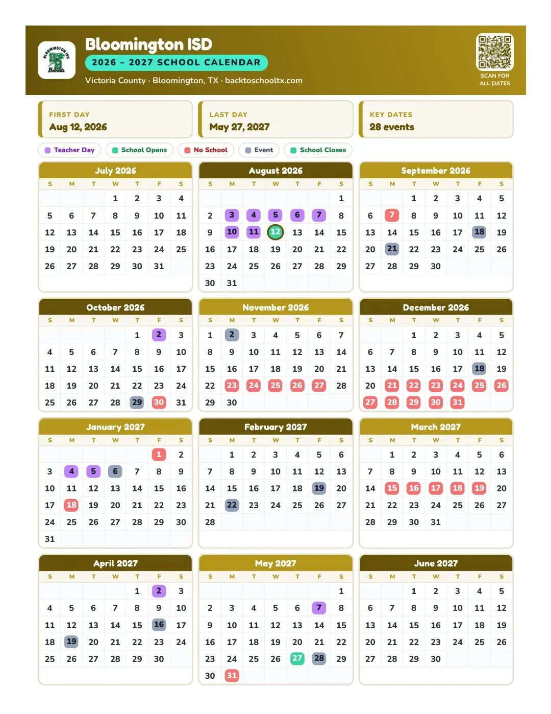 Bloomington ISD Calendar for the Year 26-27