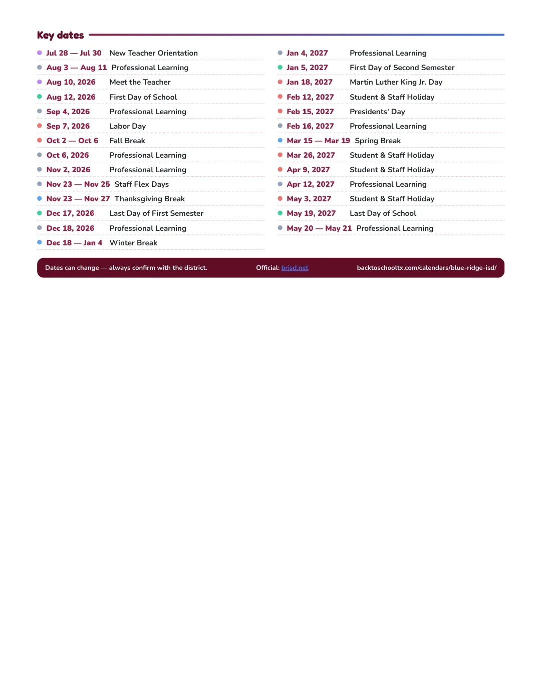 Blue Ridge ISD Calendar for the Year 26-27 — key dates