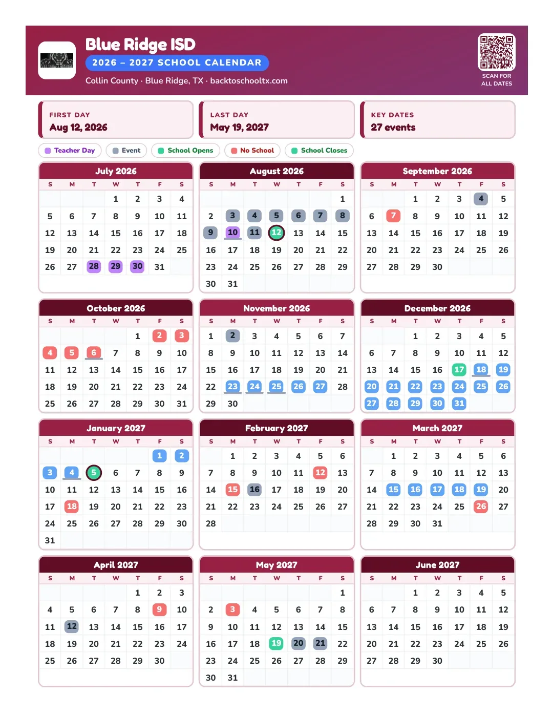 Blue Ridge ISD Calendar for the Year 26-27