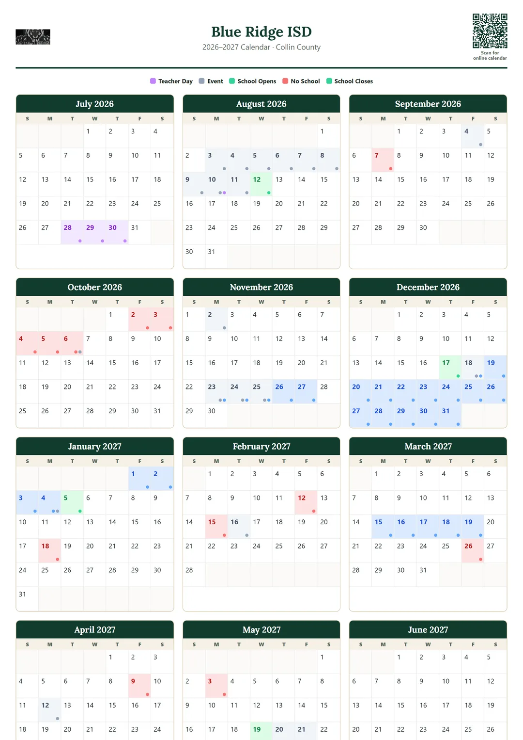 Blue Ridge ISD printable 2026–2027 calendar