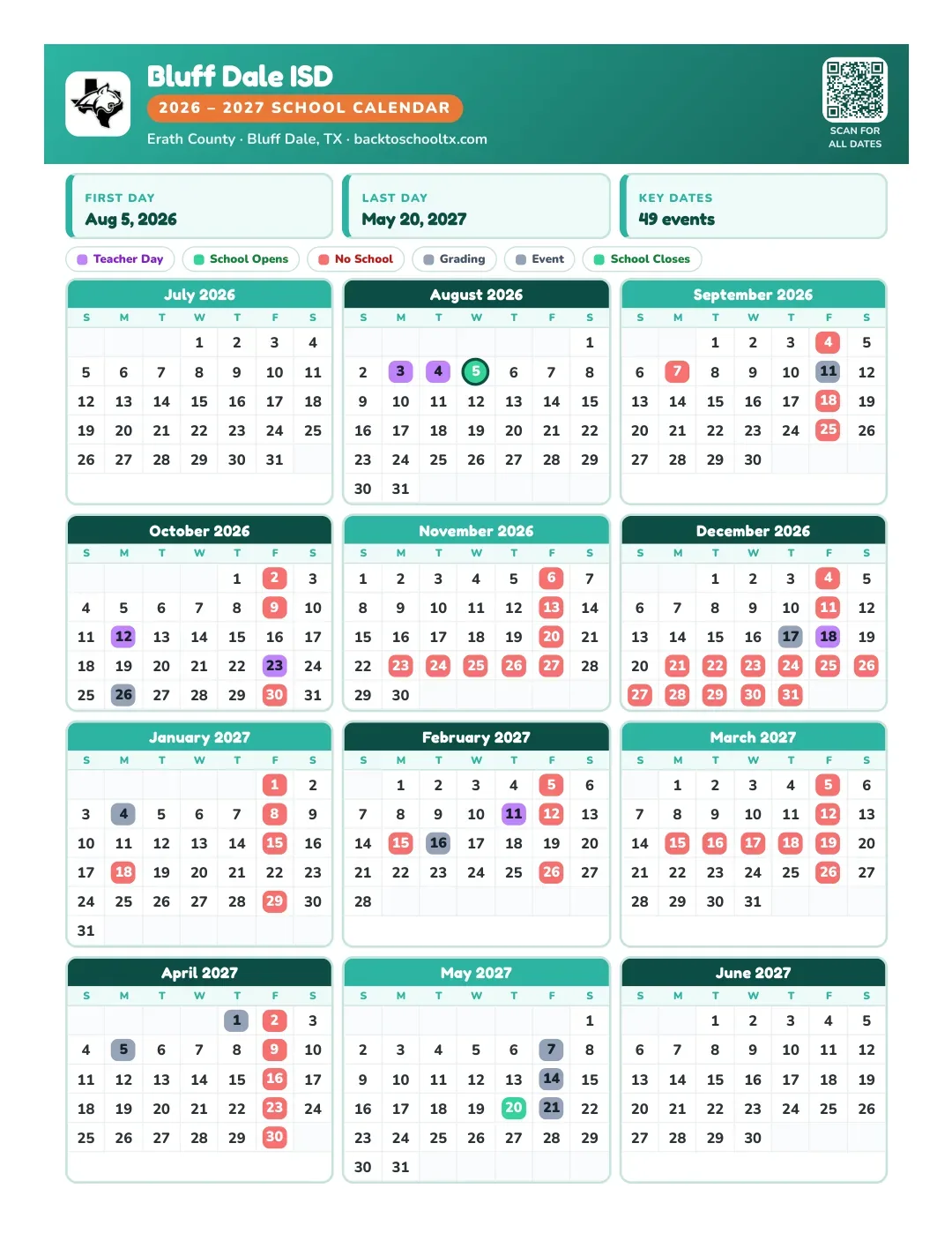 Bluff Dale ISD Calendar for the Year 26-27