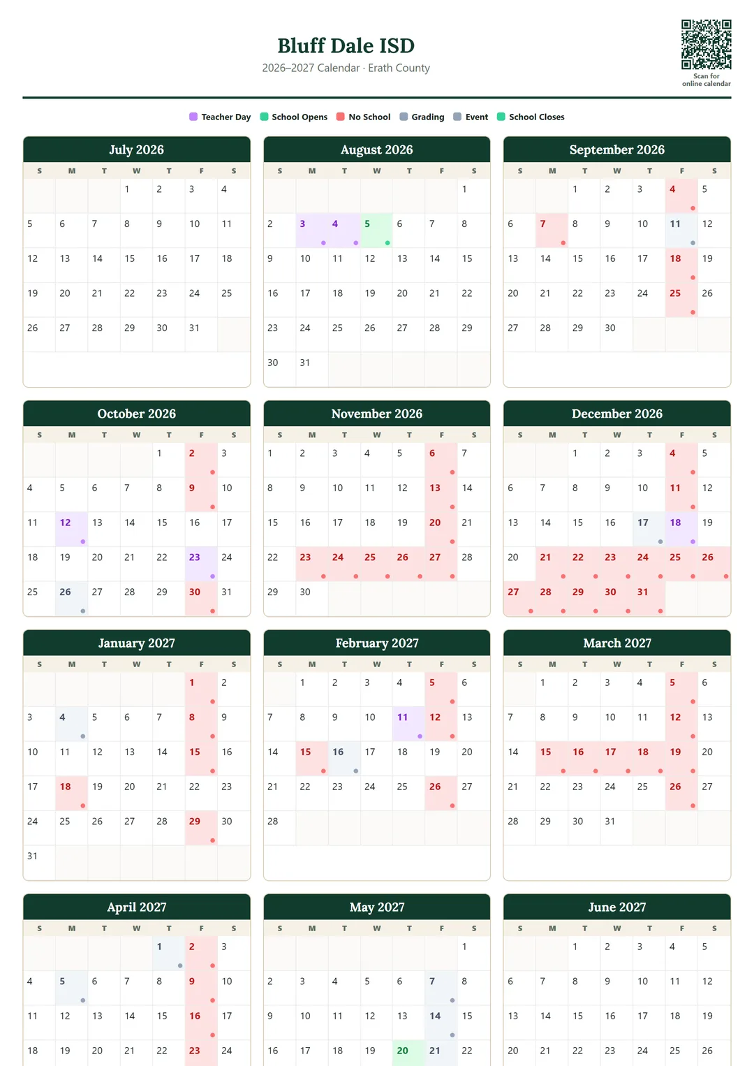 Bluff Dale ISD printable 2026–2027 calendar
