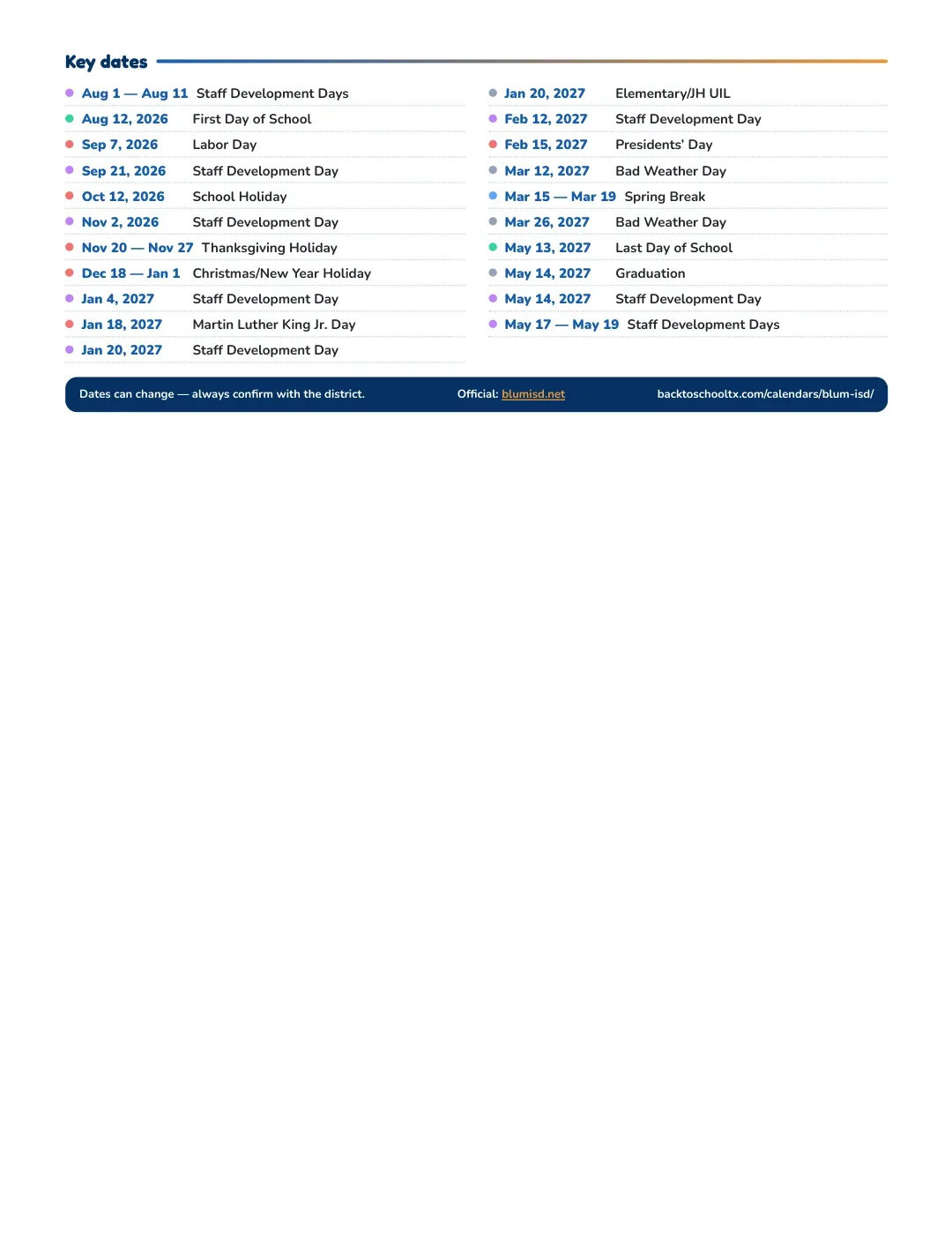 Blum ISD Calendar for the Year 26-27 — key dates