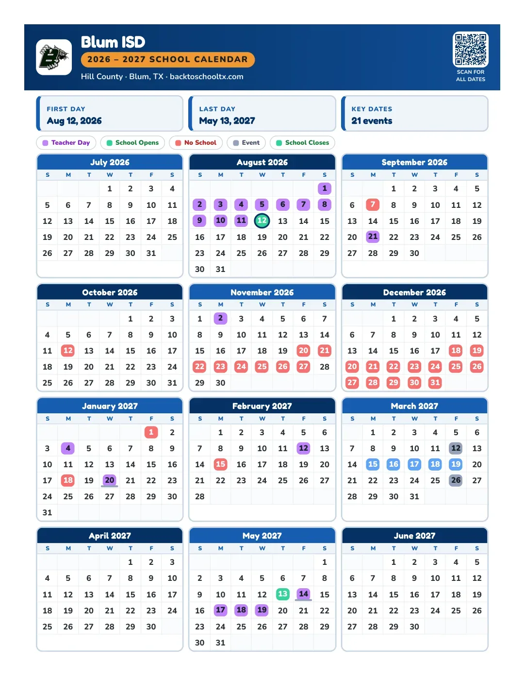 Blum ISD Calendar for the Year 26-27