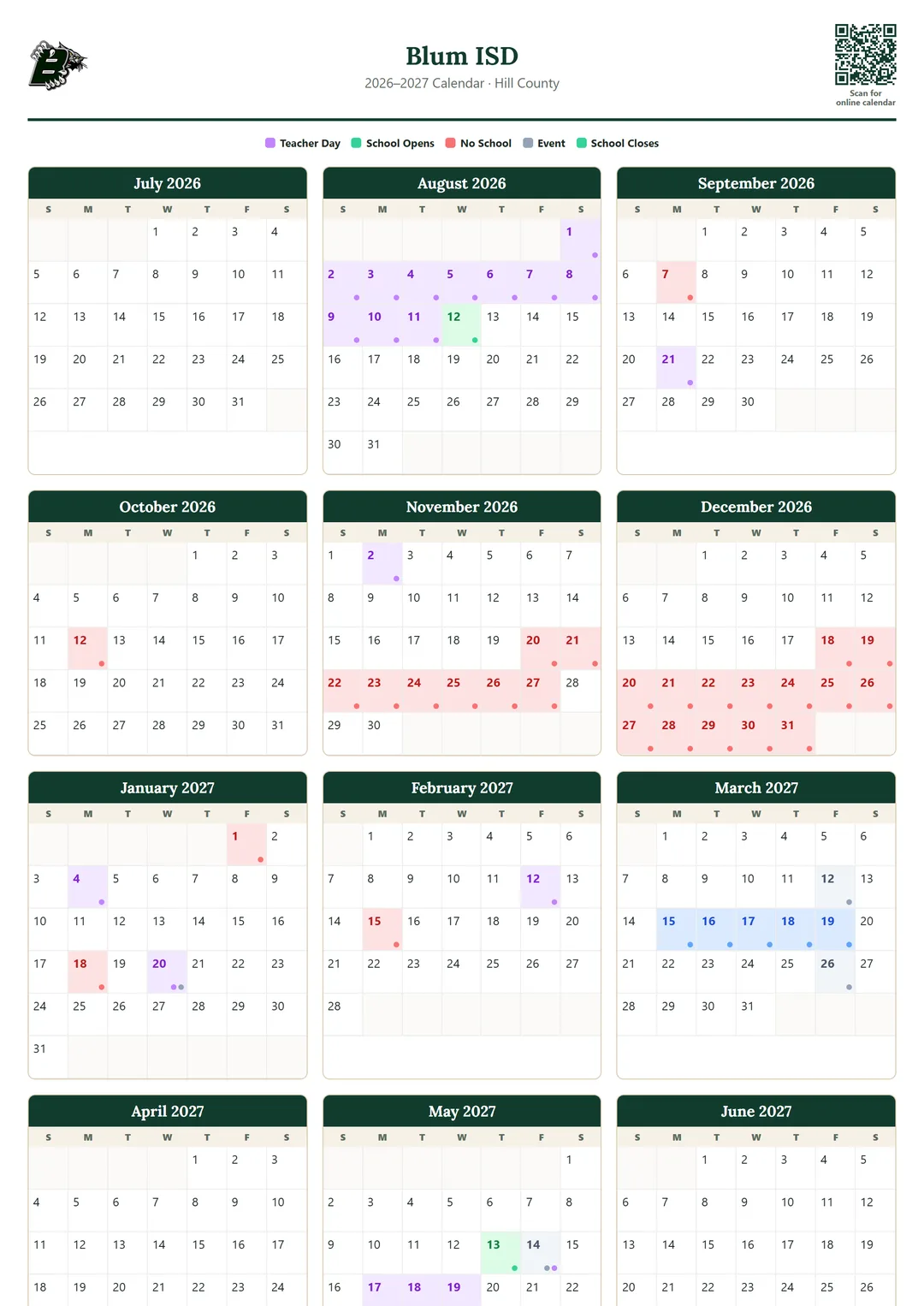 Blum ISD printable 2026–2027 calendar