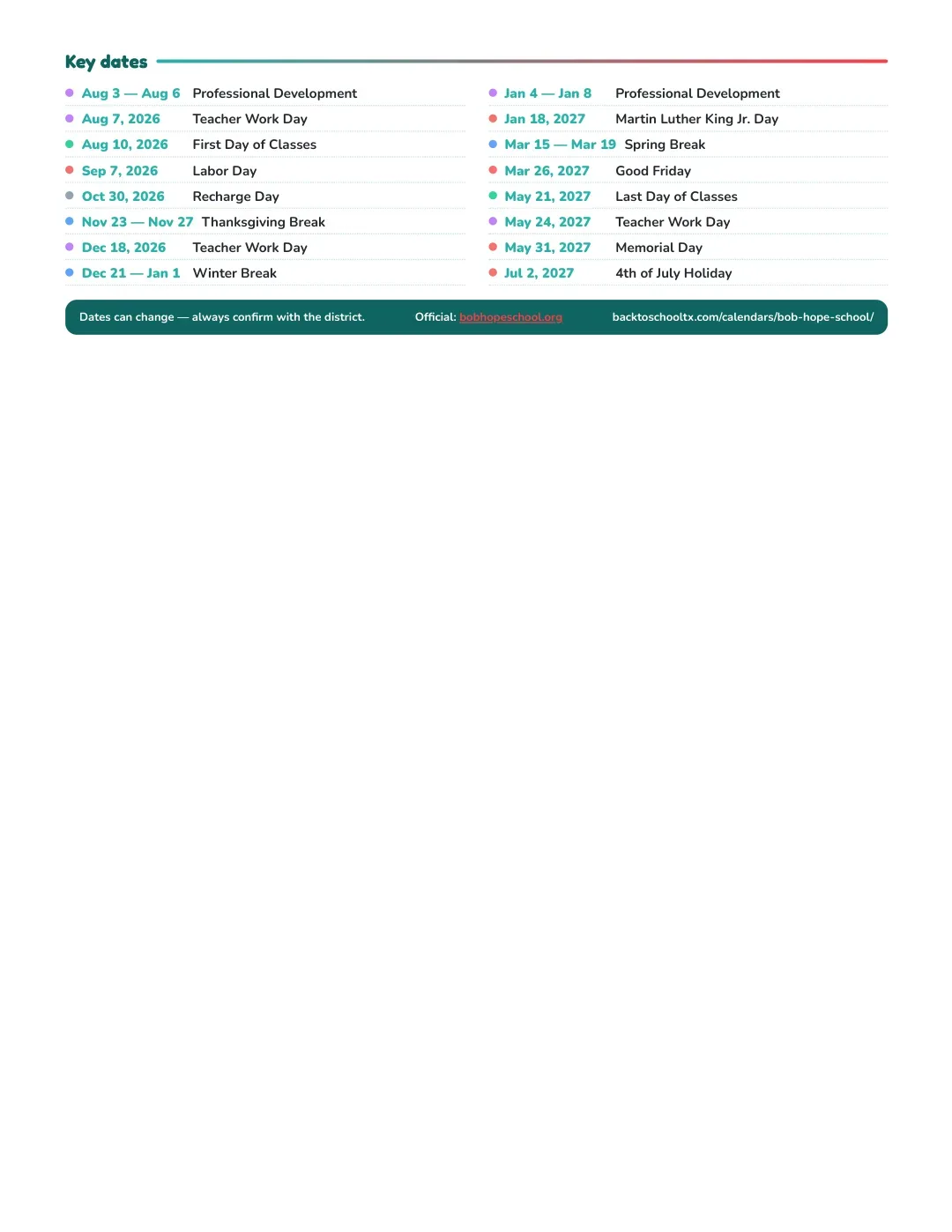 Bob Hope School Calendar for the Year 26-27 — key dates