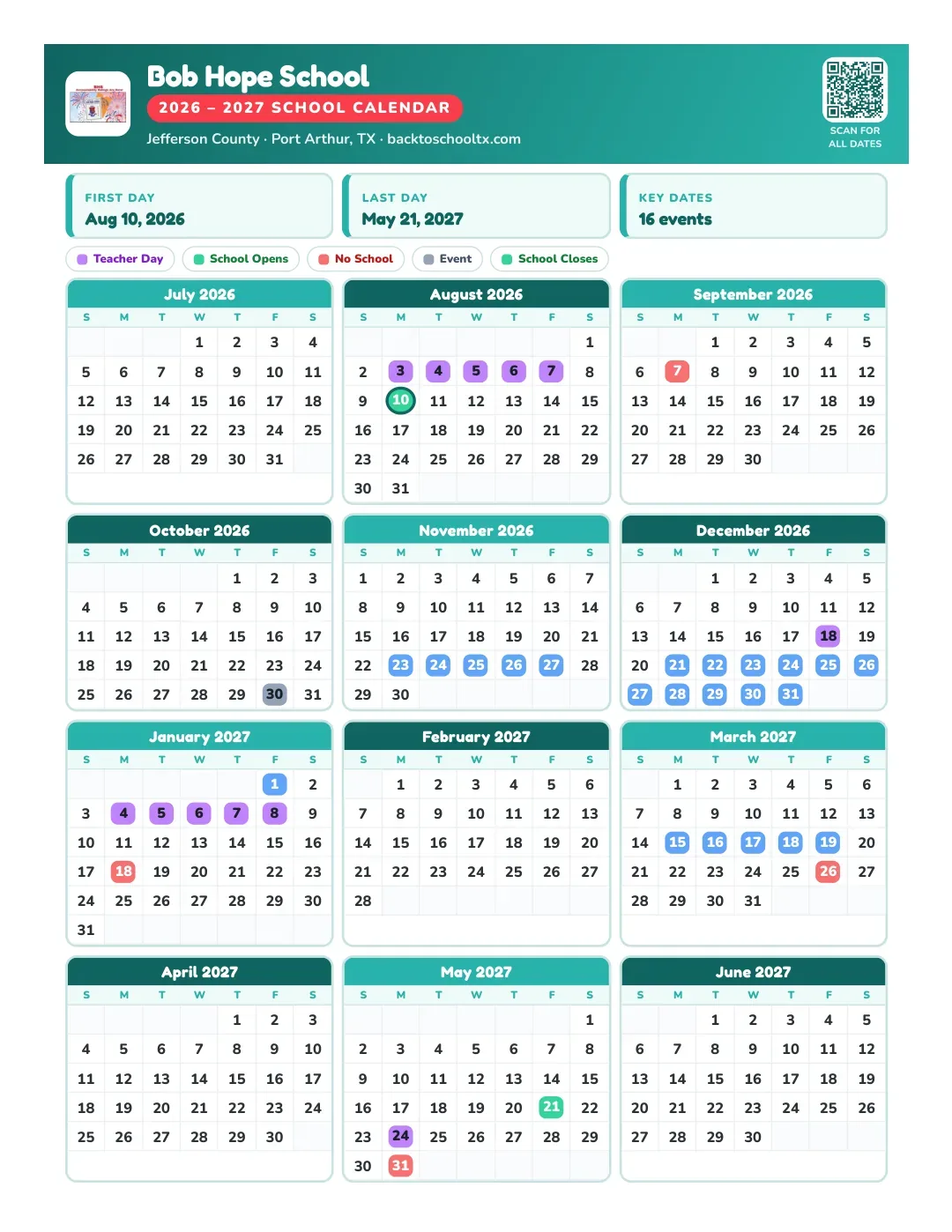 Bob Hope School Calendar for the Year 26-27