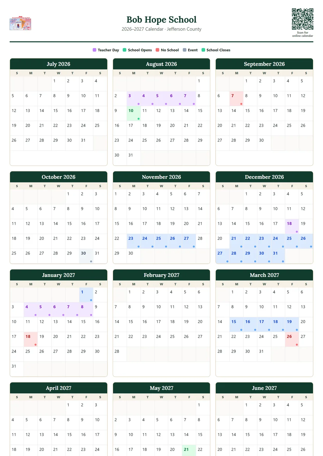 Bob Hope School printable 2026–2027 calendar