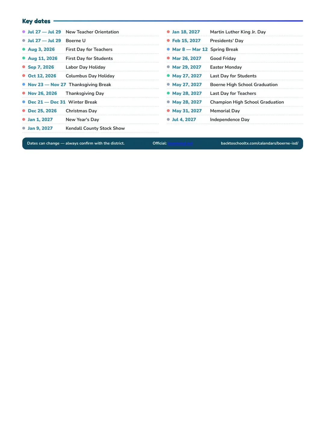 Boerne ISD Calendar for the Year 26-27 — key dates