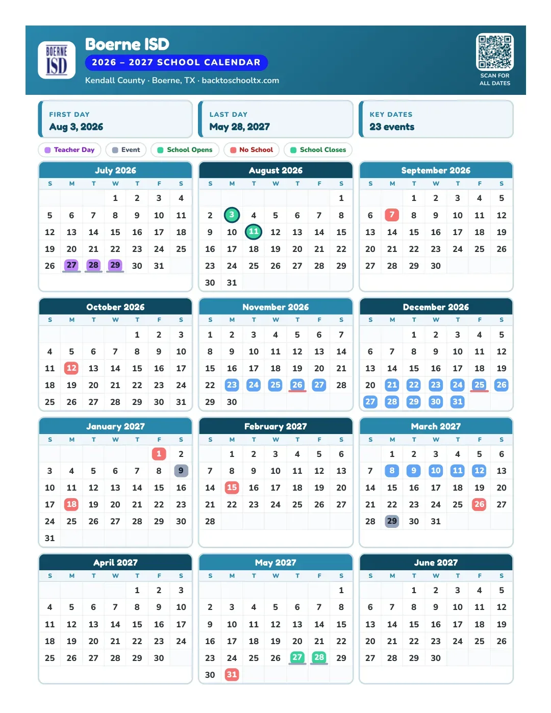Boerne ISD Calendar for the Year 26-27