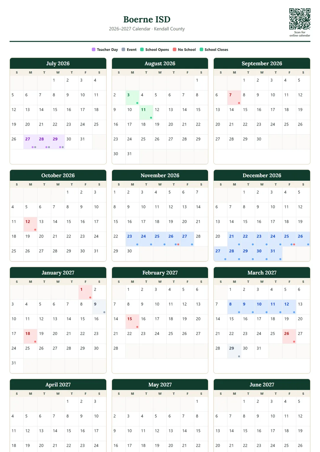 Boerne ISD printable 2026–2027 calendar