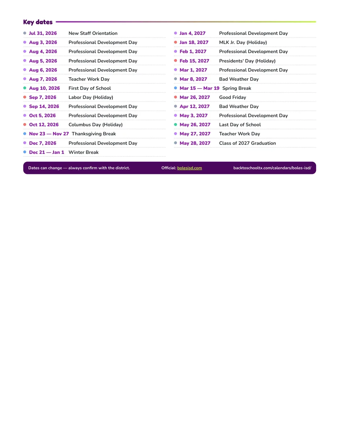 Boles ISD Calendar for the Year 26-27 — key dates