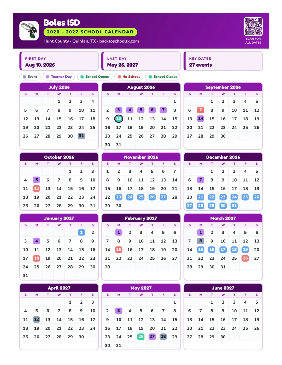 Boles ISD Calendar for the Year 26-27