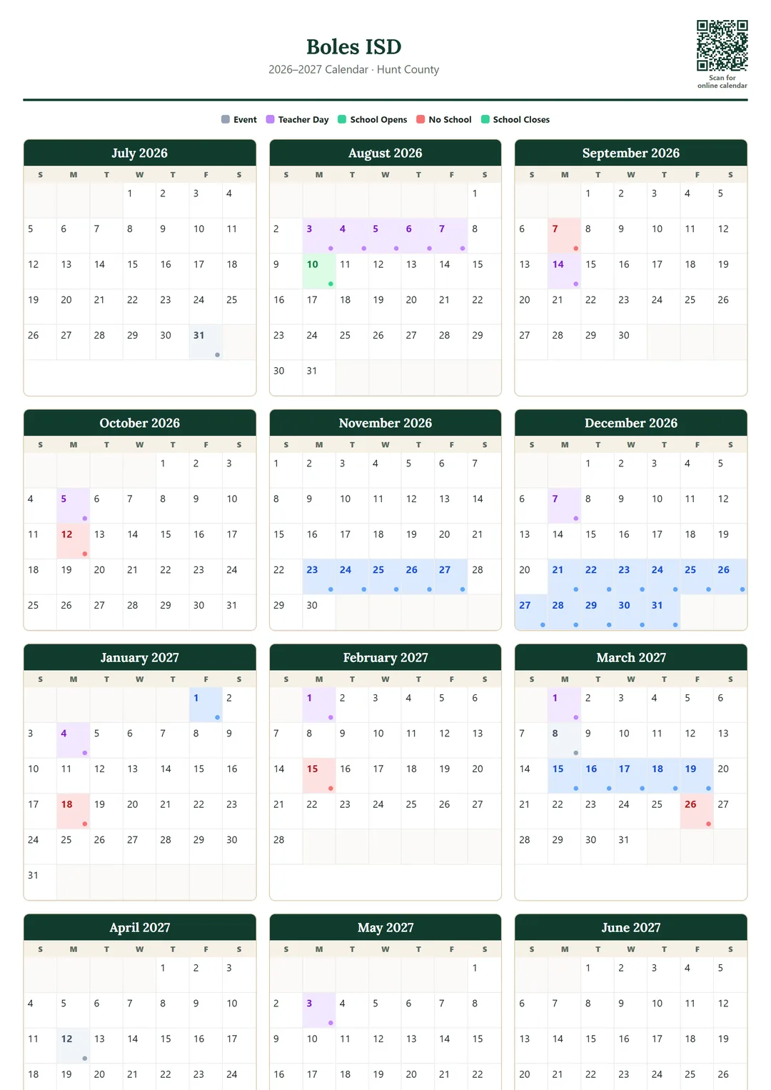 Boles ISD printable 2026–2027 calendar