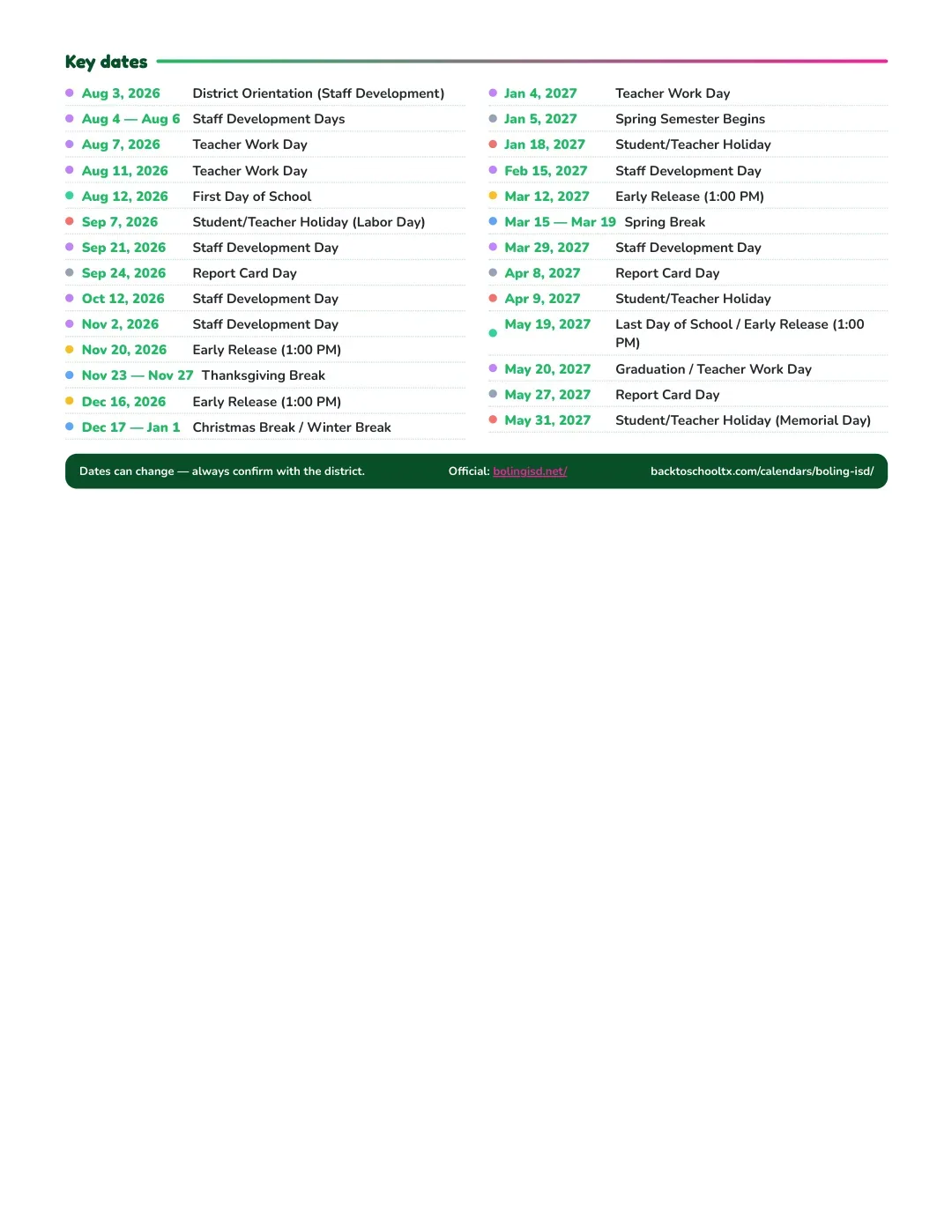 Boling ISD Calendar for the Year 26-27 — key dates