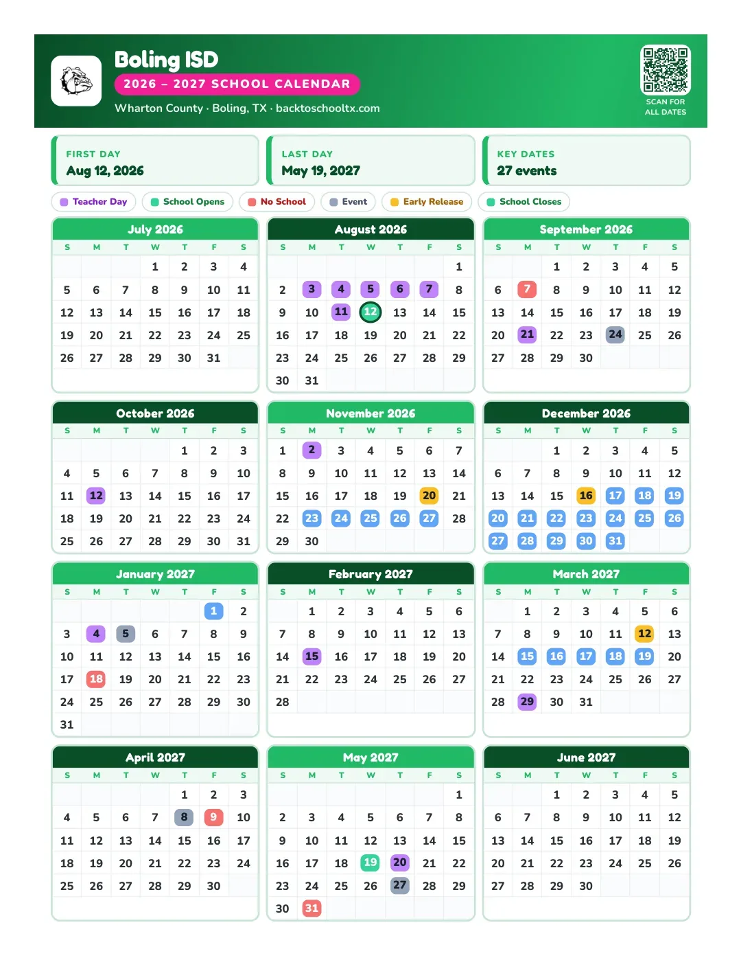 Boling ISD Calendar for the Year 26-27