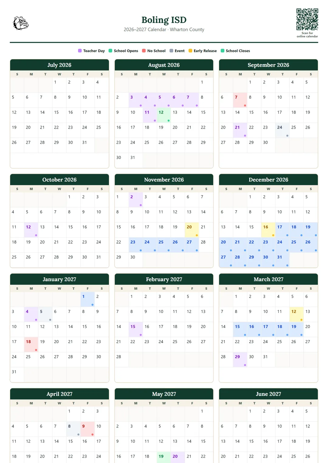 Boling ISD printable 2026–2027 calendar