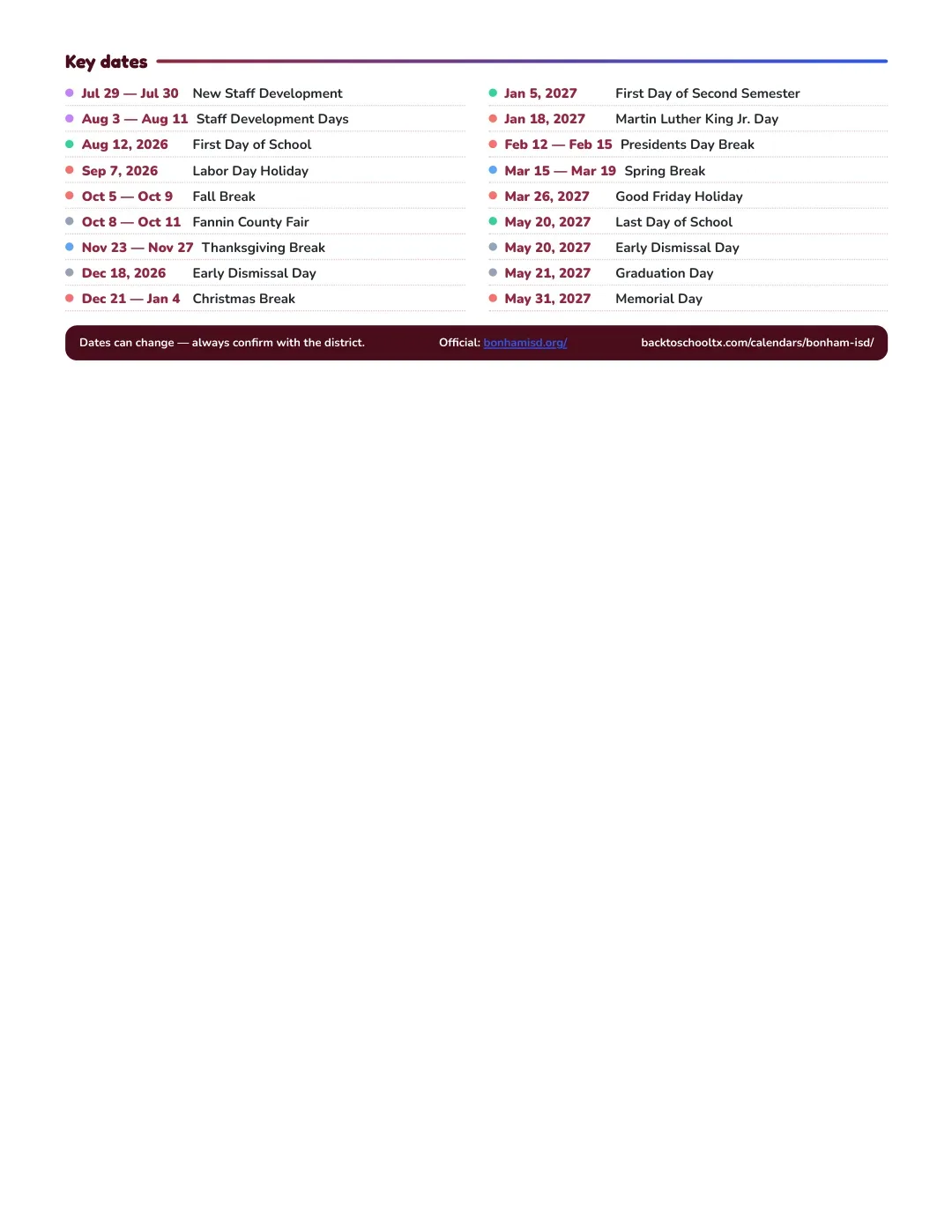 Bonham ISD Calendar for the Year 26-27 — key dates