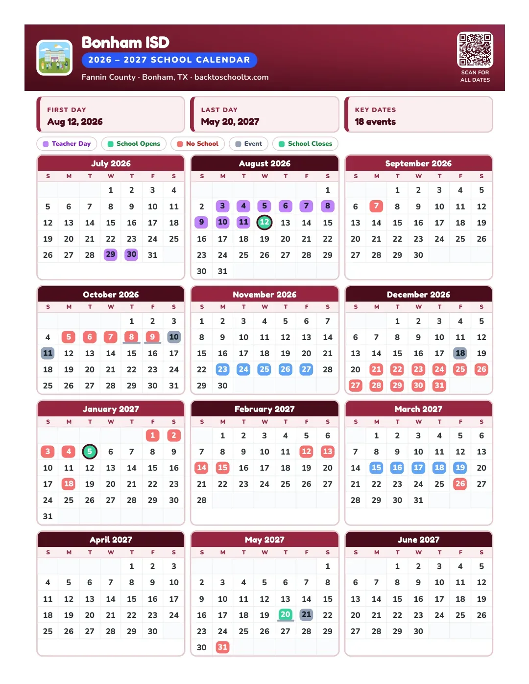 Bonham ISD Calendar for the Year 26-27