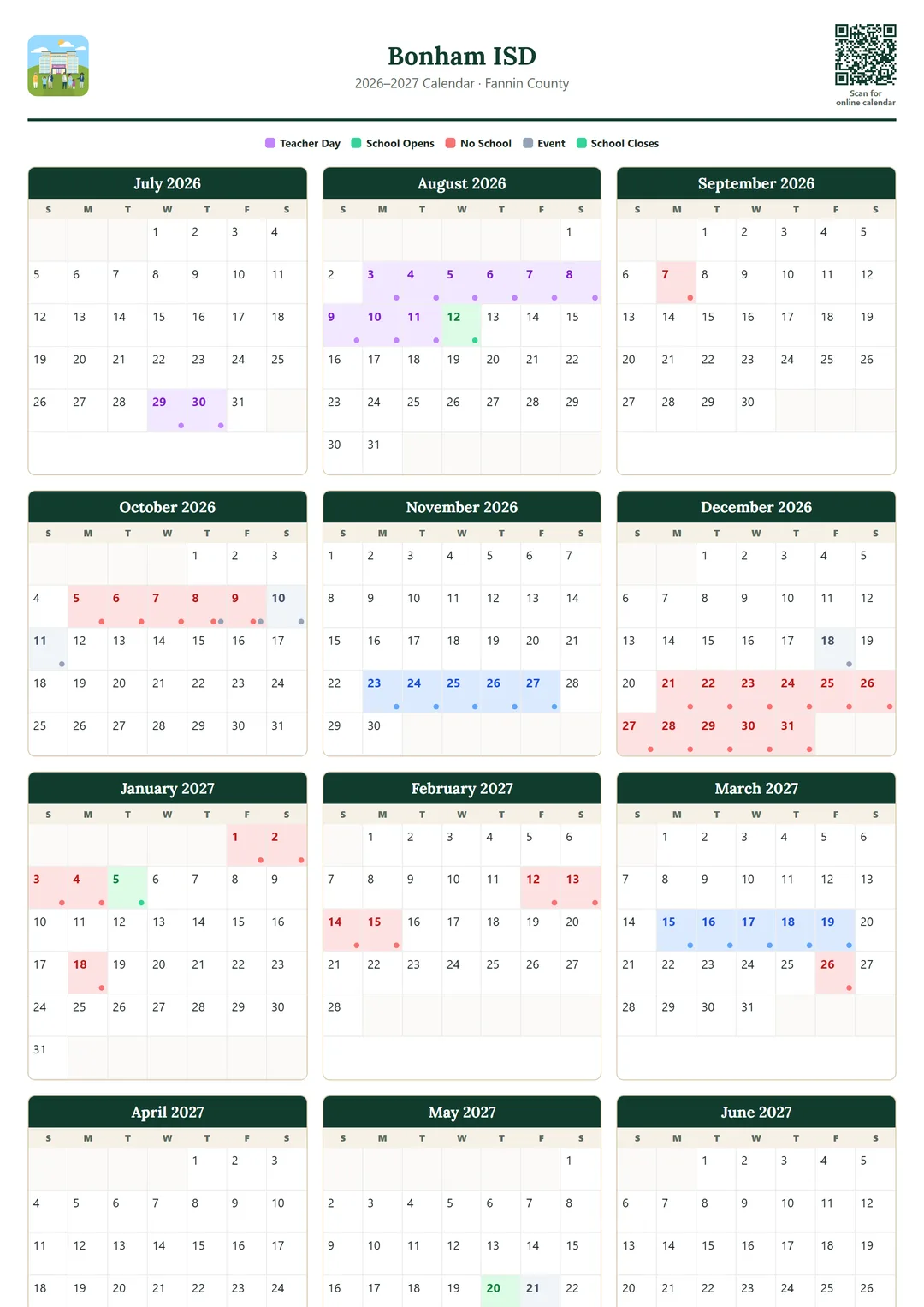 Bonham ISD printable 2026–2027 calendar