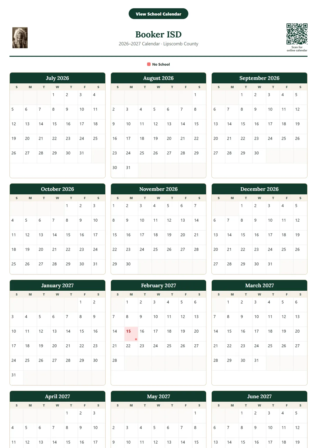 Booker ISD printable 2026–2027 calendar