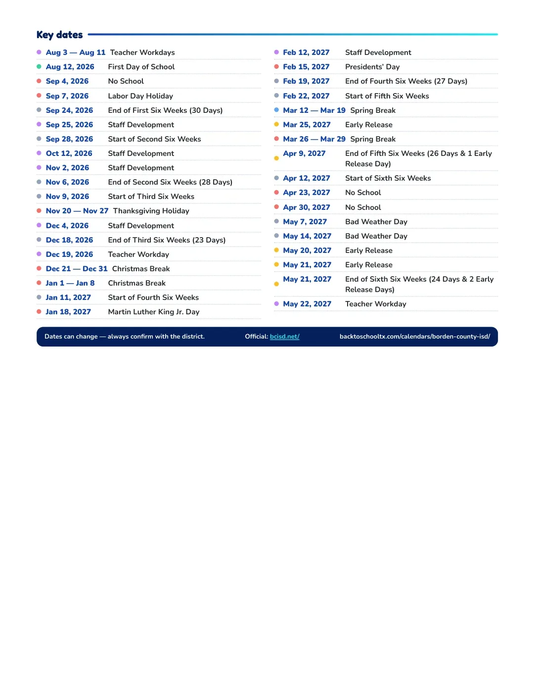 Borden County ISD Calendar for the Year 26-27 — key dates