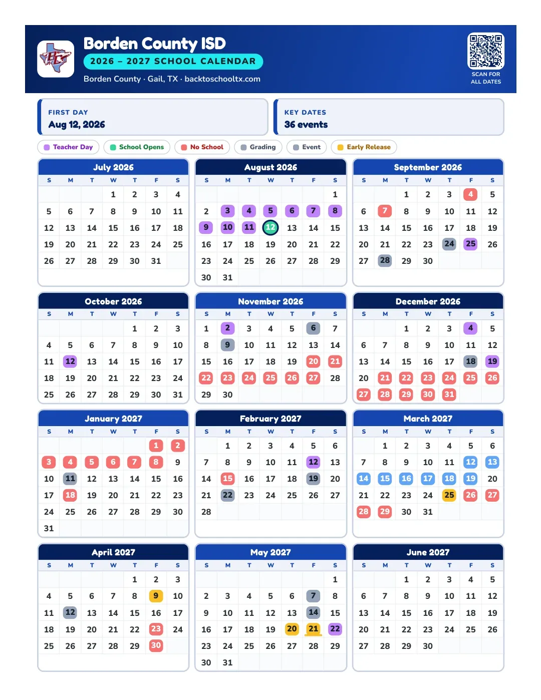 Borden County ISD Calendar for the Year 26-27