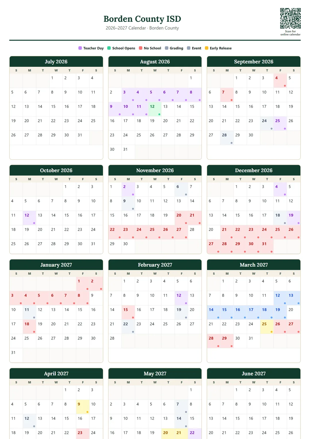 Borden County ISD printable 2026–2027 calendar