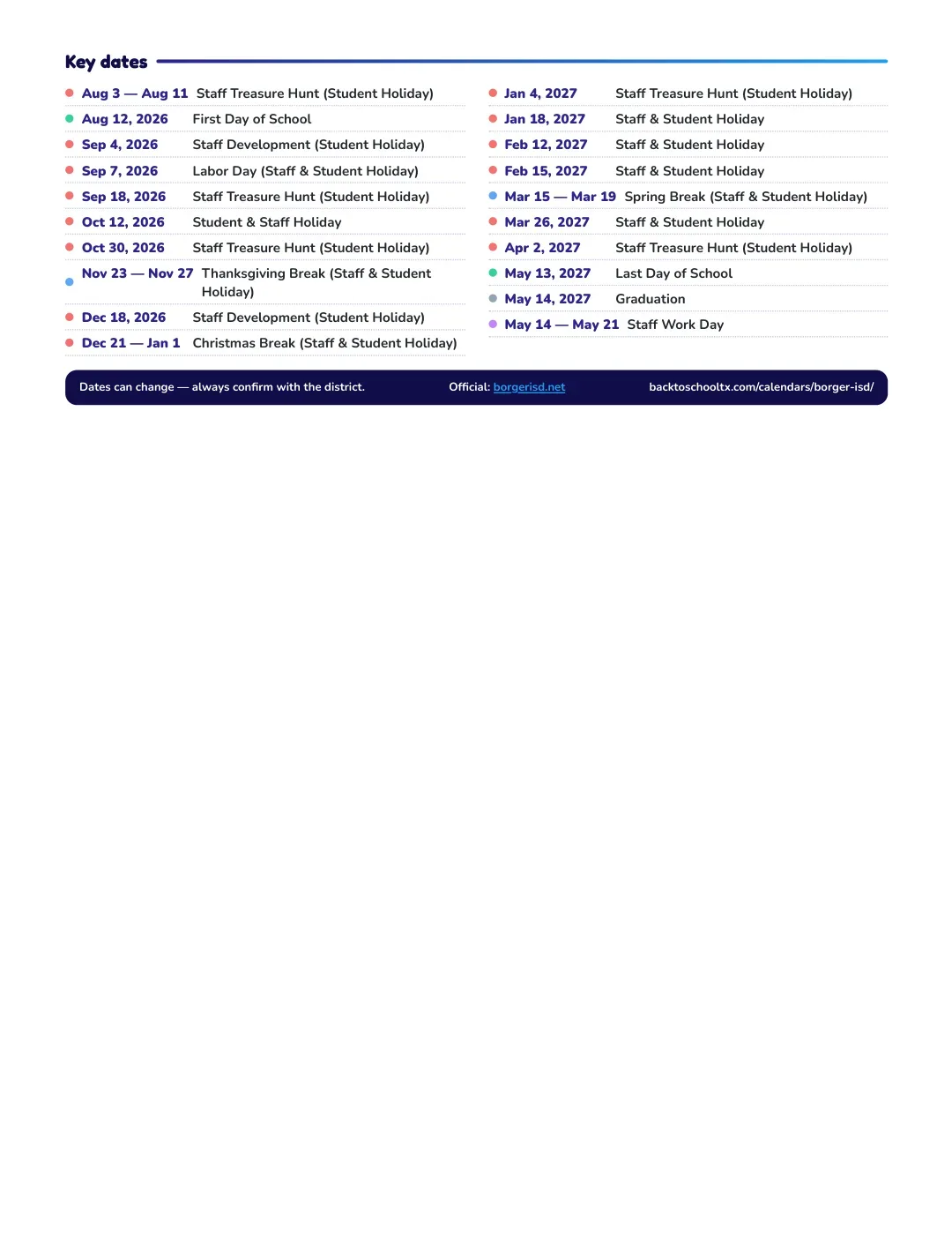 Borger ISD Calendar for the Year 26-27 — key dates
