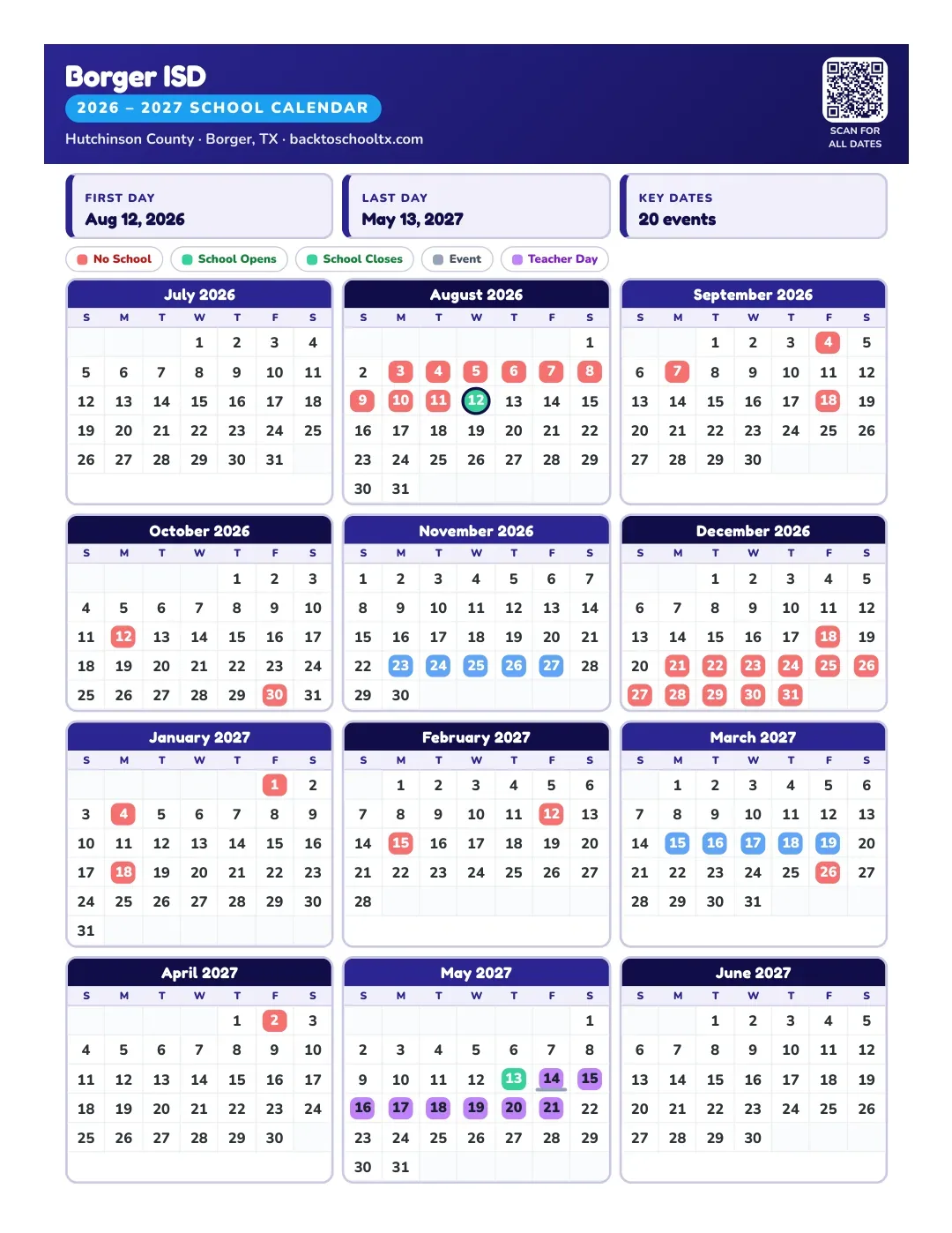 Borger ISD Calendar for the Year 26-27